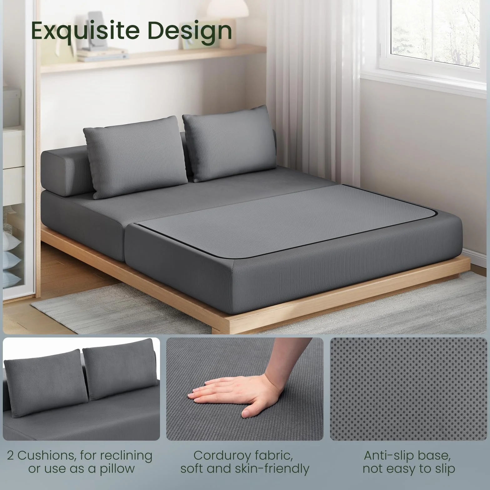 EUGAD Sofá Cama 2 Plazas con Cojines Mullidos, Puff Cama Plegable para 2-3 Personas, Sofa Plegable de Esponja de Densidad y Tejido de Pana, para Salón, Dormitorio, Lofts, Gris Oscuro