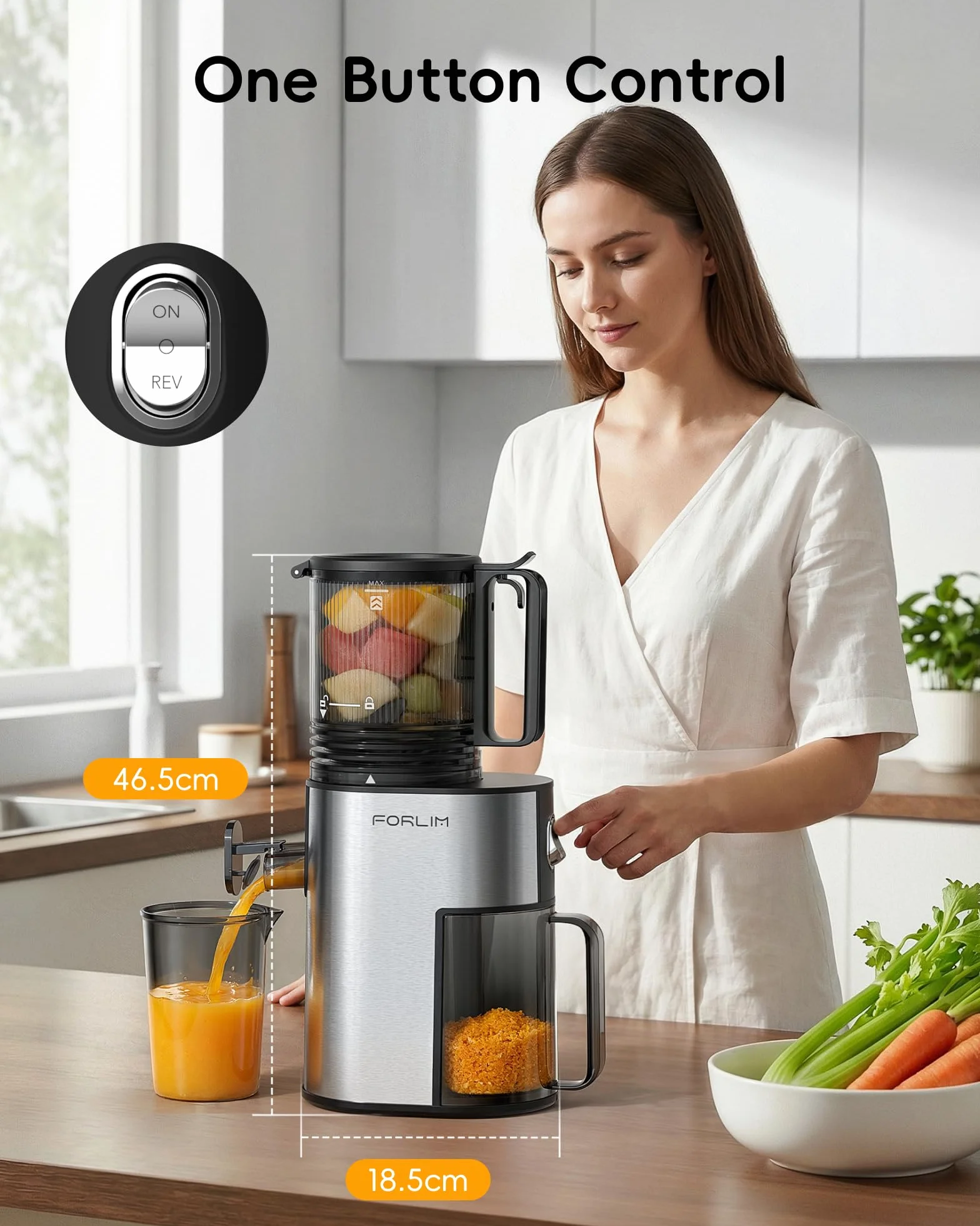 FORLIM Extractor de Zumos y Verduras, 130mm Boca Grande Autoalimentada, 250W Automático Lento Masticador con 1,7L Tolva, Alto Rendimiento, Fácil Limpieza, Plata Clásica