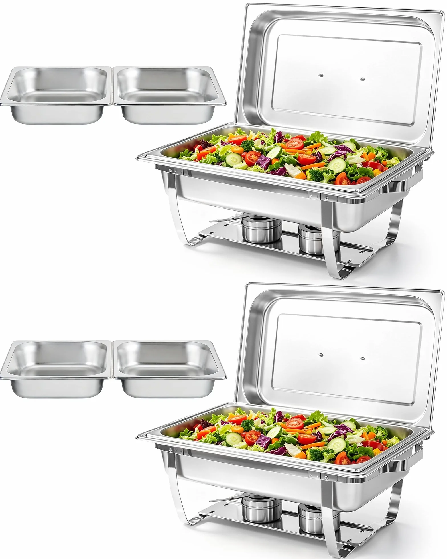 2PCS Fuentes Calientes para Buffet, 9L Bandeja para Buffet, Rectángulo con Tapa Enrollable - 2 Bandejas Grandes + 4 Pequeñas, Calientaplatos para Fiestas, Cumpleaños, Navidad, Eventos de Iglesia