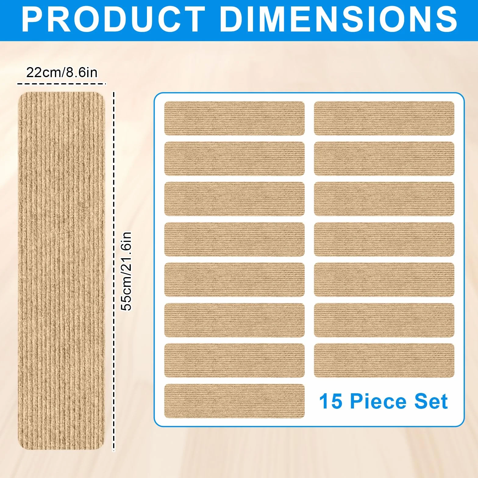 15 piezas de alfombrillas para escalones, alfombrillas de 55 x 22 cm, alfombrilla de puerta beige repelente al agua, autoadhesiva antideslizante rectangular para escalones, para interior, para