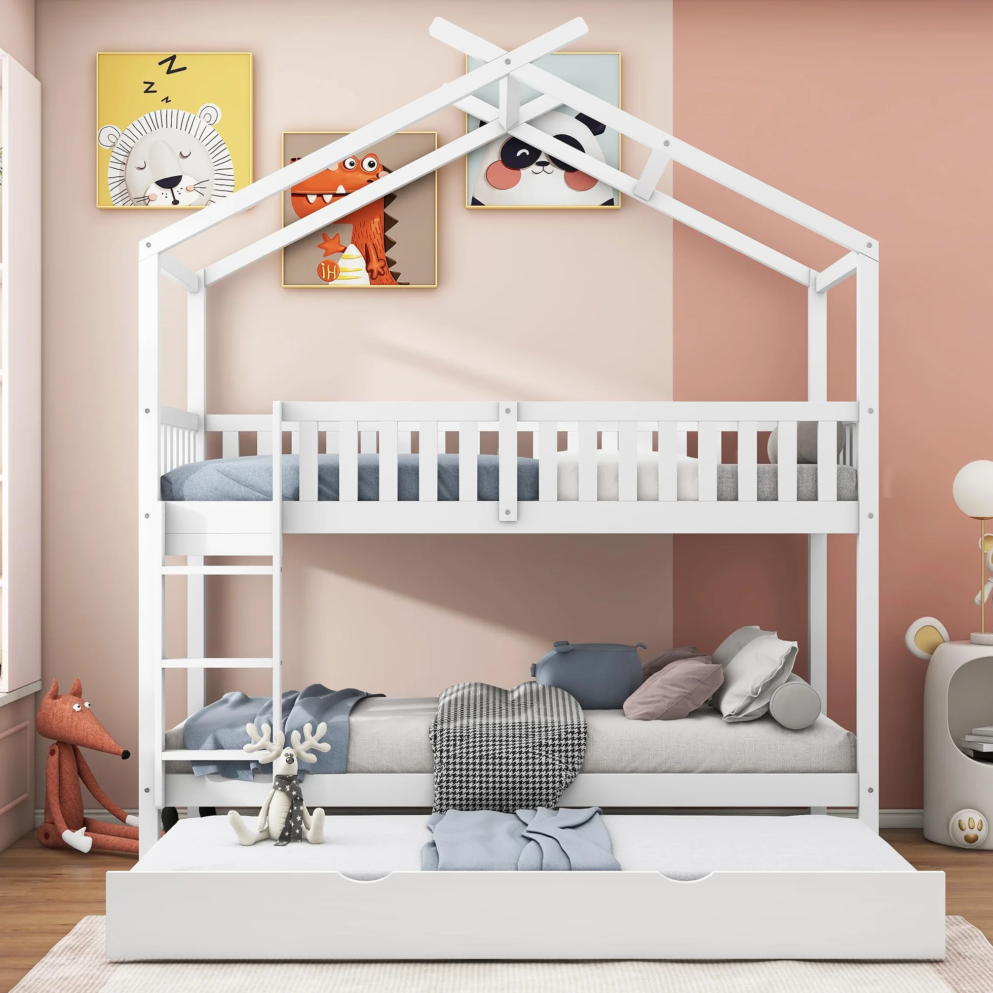 Moimhear Cama para niños House Bed 90 x 200 cm, cama juvenil, tres camas, extensible, diseño que ahorra espacio, color blanco