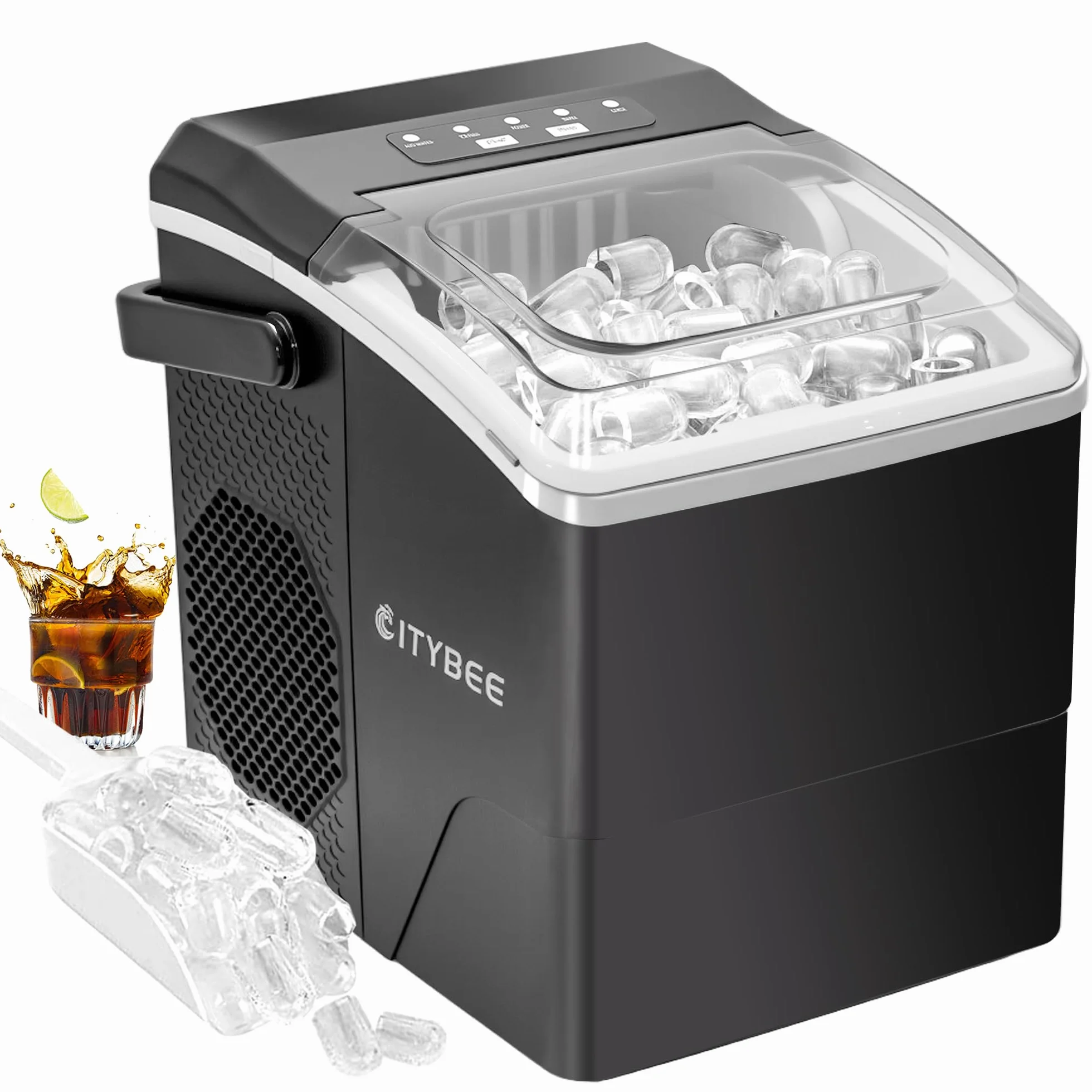 CITYBEE Maquina de Hielo 12kg/24h, Maquina de Hielo para Casa 9 Cubitos en 6 Minutos, Maquina de Hacer Hielo Silencioso con Asa 2 Tamaños de Cubitos para Casa, Oficina, Camping
