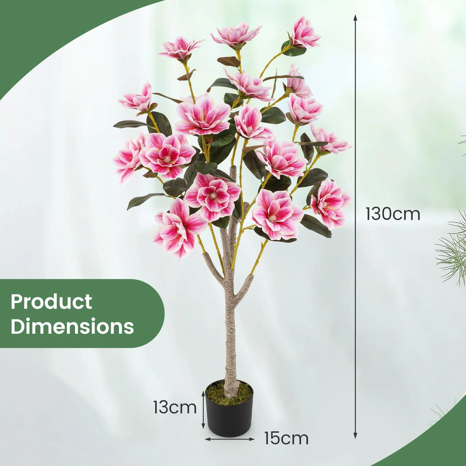 GIANTEX Árbol de Magnolia Artificial 130 cm, Planta Falsa en Maceta con Troncos de Múltiples Ramas y Hojas de PEVA, Flores Sintéticos Rosas, Planta Decorativa para Entrada, Salón, Oficina