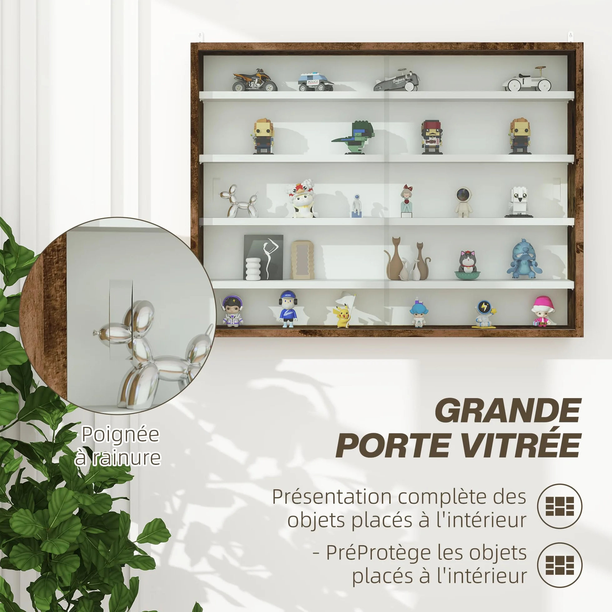 HOMCOM Vitrina para colección Armario de Pared 80 x 9,5 x 60 cm con 4 estantes Regulables en Altura y 2 Puertas correderas de Cristal, para Colecciones de Coches en Miniatura y figuritas, marrón