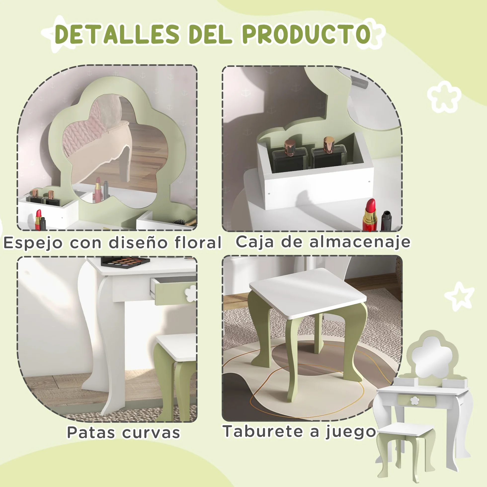 ZONEKIZ Tocador para Niñas con Espejo y Taburete Maquillaje 3-6 Años 2 Cajas 1 Cajón 55x34x87,5 cm Blanco Verde Pastel