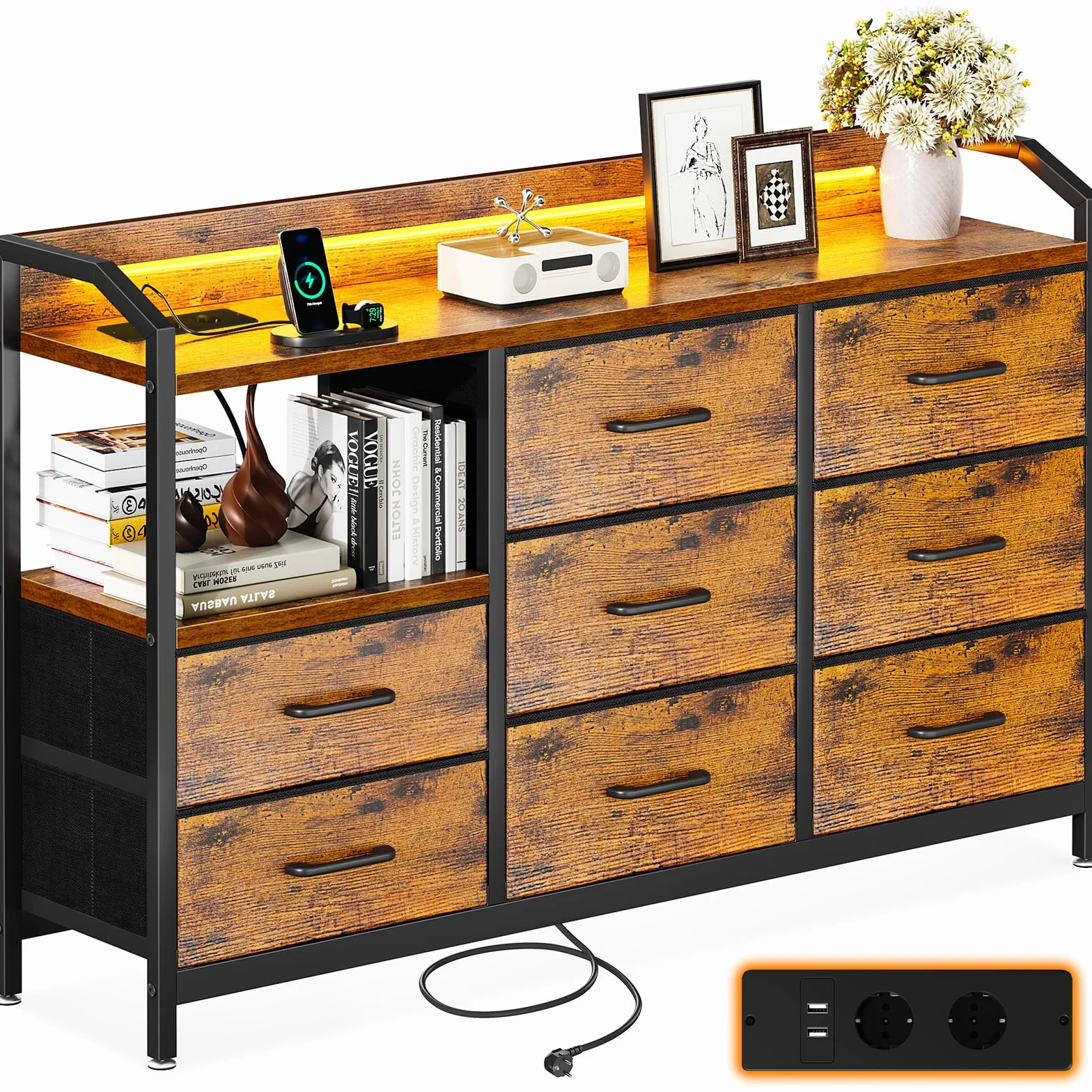 ODK Comoda Dormitorio, Cajonera con Tira de Luz LED de 10 Colores Ajustables y 2 Salidas USB y 2 Salidas de CA, Incluidos 8 Cajones Grandes de Tela, 110 * 30 * 88, Color Vintage