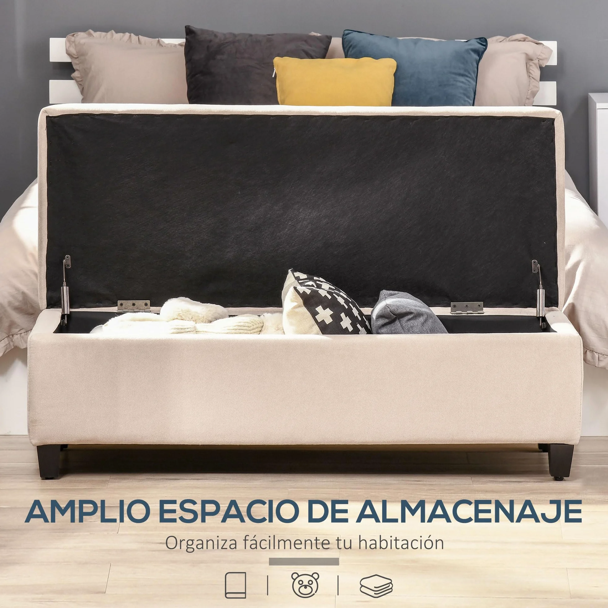 HOMCOM Banco de Almacenamiento Acolchado Puff de Almacenaje Taburete Tapizado en Lino con Tapa Abatible para Salón Entrada Dormitorio Carga 120 kg 125x49x41,5 cm Beige