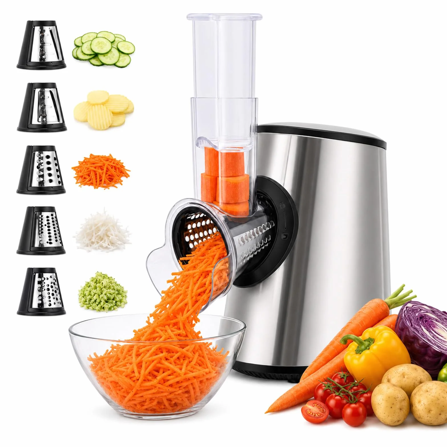 Rallador Eléctrico Profesional 5 en 1, 800 W con 5 Conos en Acero Inoxidable, Cortador y Picadora Multifunción con Apertura Grande de 9 cm para Frutas, Verduras, Queso, Nueces, Zanahorias, Gris