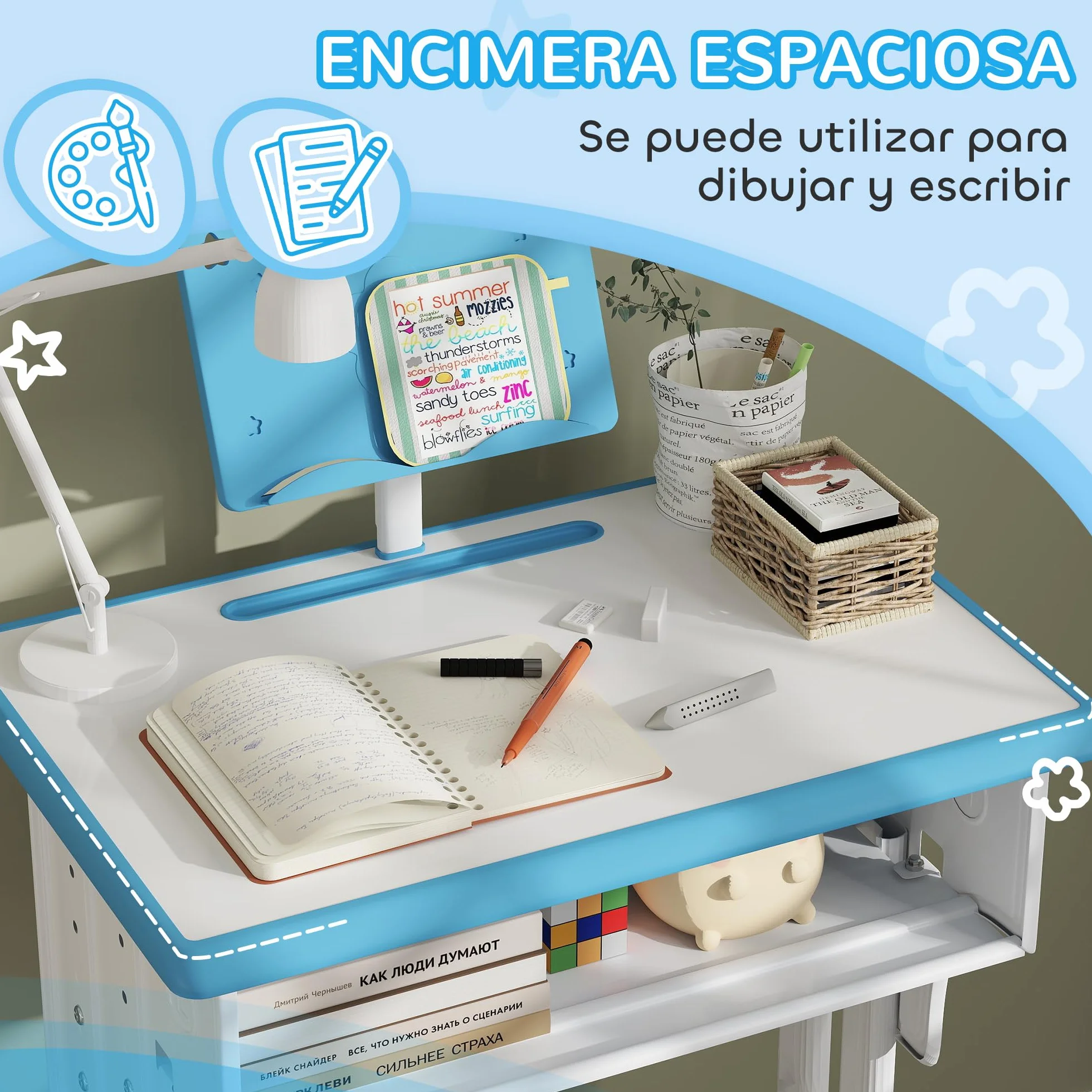 HOMCOM Escritorio Infantil Altura Ajustable 60x45x90-102 cm Azul con Cajón y Estante