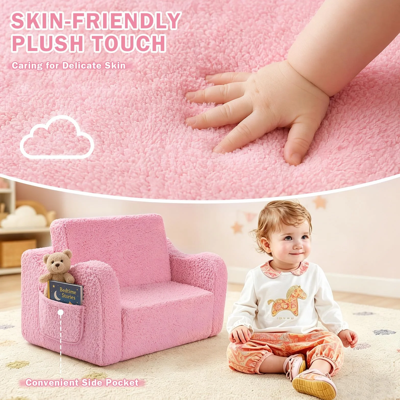 MeYuxg 3 en 1 Sofa Infantil, Sillon Bebe para Niños y Niñas, Sillón Convertible y Cama Plegable, Mini Sofá, Regalo del Niño y Cumpleaños, Rosa