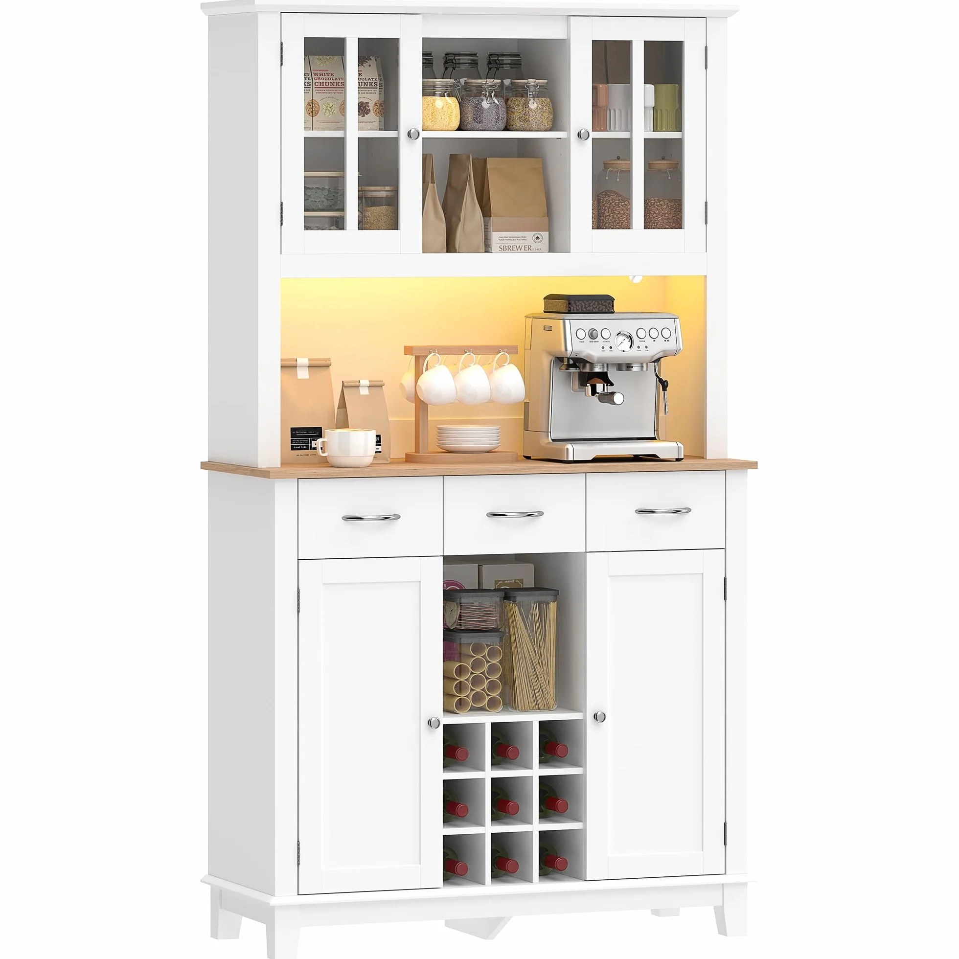 HOMCOM Alacena de Cocina con Iluminación LED Control por App, Armario Cocina Alta con Encimera para Microondas, Botellero, Puertas de Vidrio, Estantes Abiertos, 3 Cajones, Estantes Ajustables, Blanco