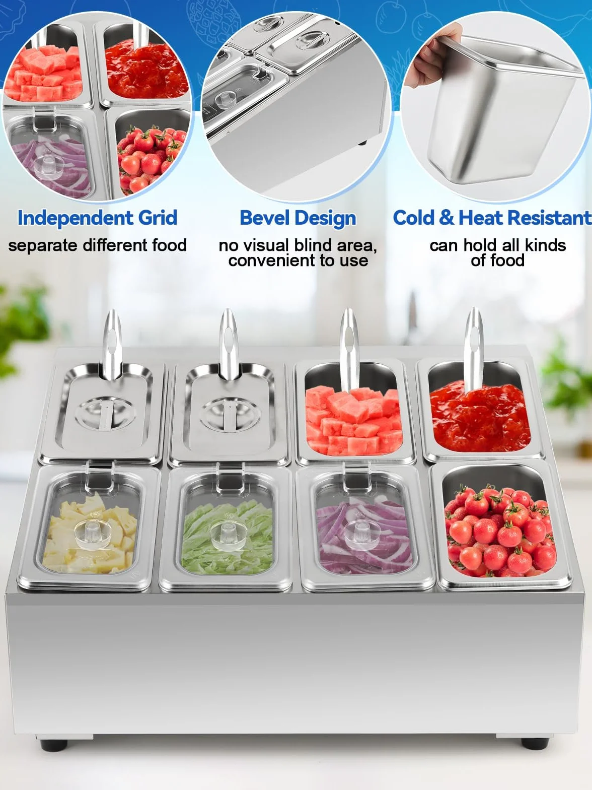 TOROKOM Recipiente para pizza, de acero inoxidable, con tapa, cucharas, soporte inclinado para bufé, salsas, mermeladas, frutas, ingredientes de cocina (2 filas y 8 bandejas)