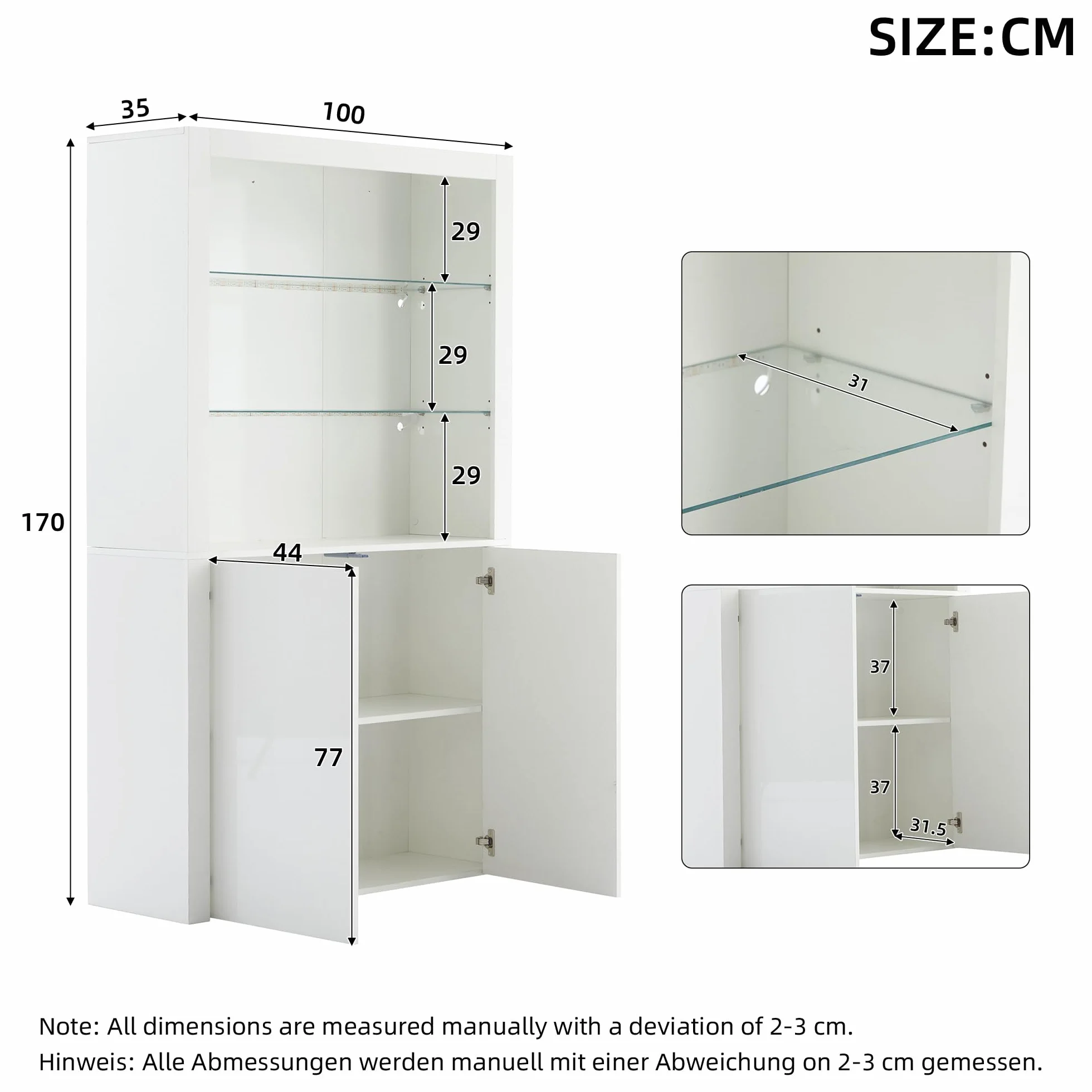 Vitrina Cristal Vitrina Salon con Luces LED y Separadores de Cristal, Vitrina Expositora con 2 Puertas, Armario de Colección Moderno, Armario Alto Multifunción, Vitrinas, 100x35x170 cm, Blanco