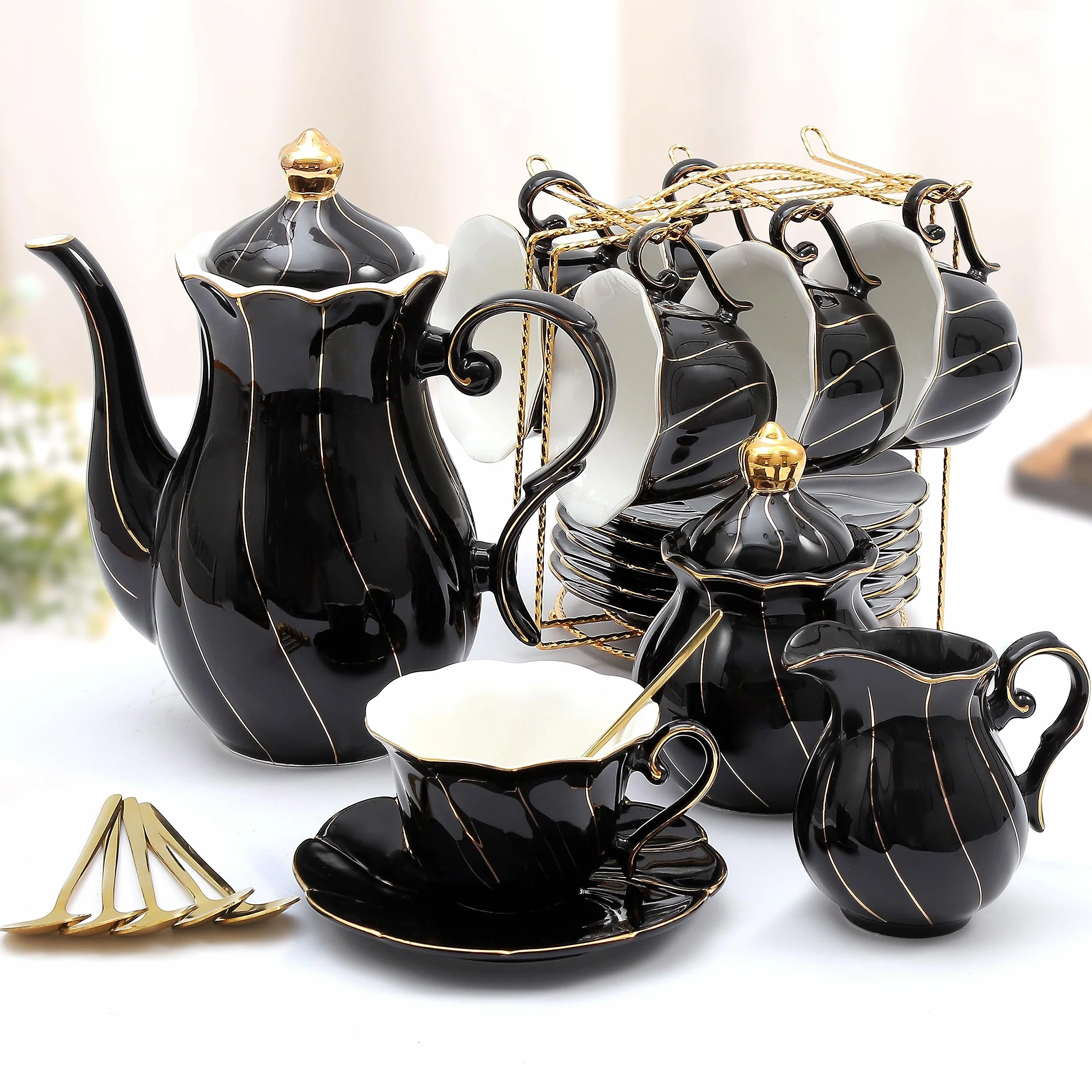 DUJUST Juego de té de porcelana de 22 piezas para 6, juego de tazas de té y café de estilo británico de lujo con borde dorado, hermoso juego de té para mujeres, juego de fiesta de té, paquete de
