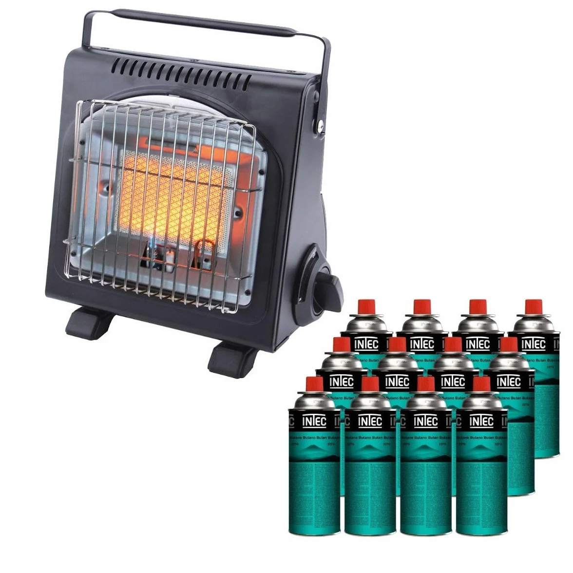 Intec – Calentador de gas portátil 1700 W + 12 cartuchos de gas encendido Piezo Thermopar ODS Camping Pesca