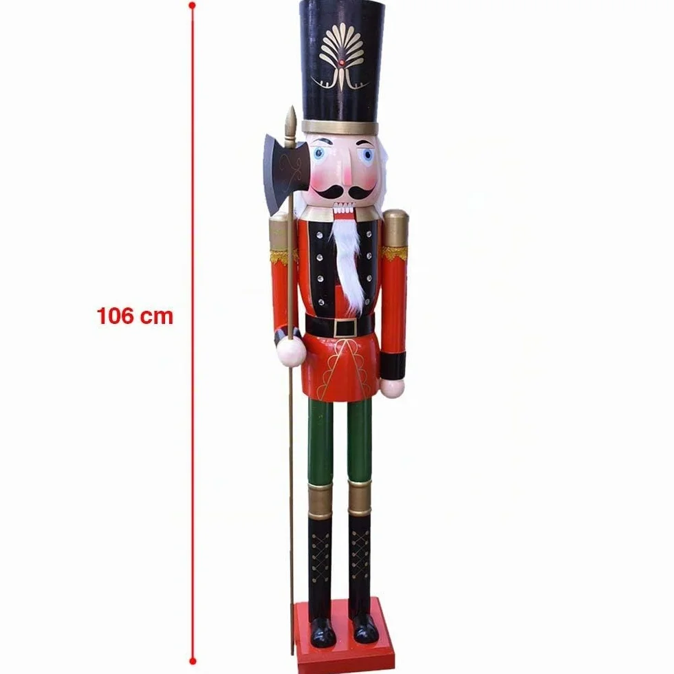 BAKAJI Soldado Cascanueces de Navidad de Madera Gigante Altura 106 cm Vestidos Pintados Barba y Pelo de Peluche con Mecanismo de Trabajo Decoraciones Navidad (Diseño 14)