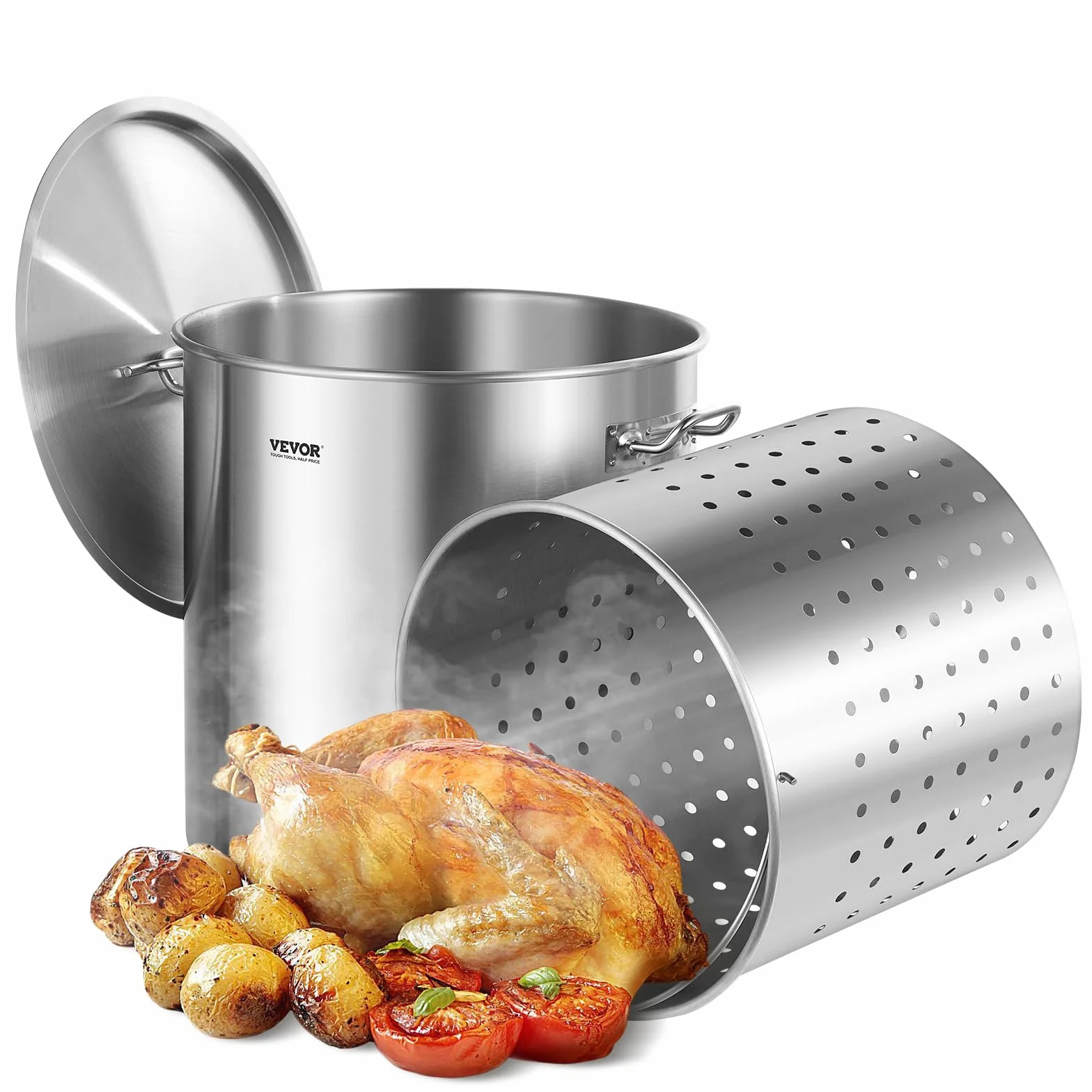 VEVOR Olla Grande de Acero Inoxidable 94,6 L, para Salsa con Canasta, Tapa y Asa, Olla Comercial Resistente, Tratamiento de Lijado, para Eventos de Grupos Grandes, Color Plateado, 500 x 495 mm