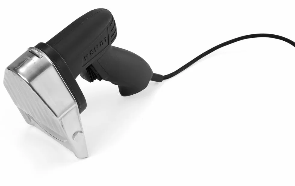 HENDI Cortador eléctrico para kebab, shawarma, gyros, corte ajustable 0-8mm, cuchilla: 2600 rpm, cuchillo eléctrico profesional para cortar carne, 80W, 60kg/h, 230V, 202x125x(H)182mm, acero inoxidable