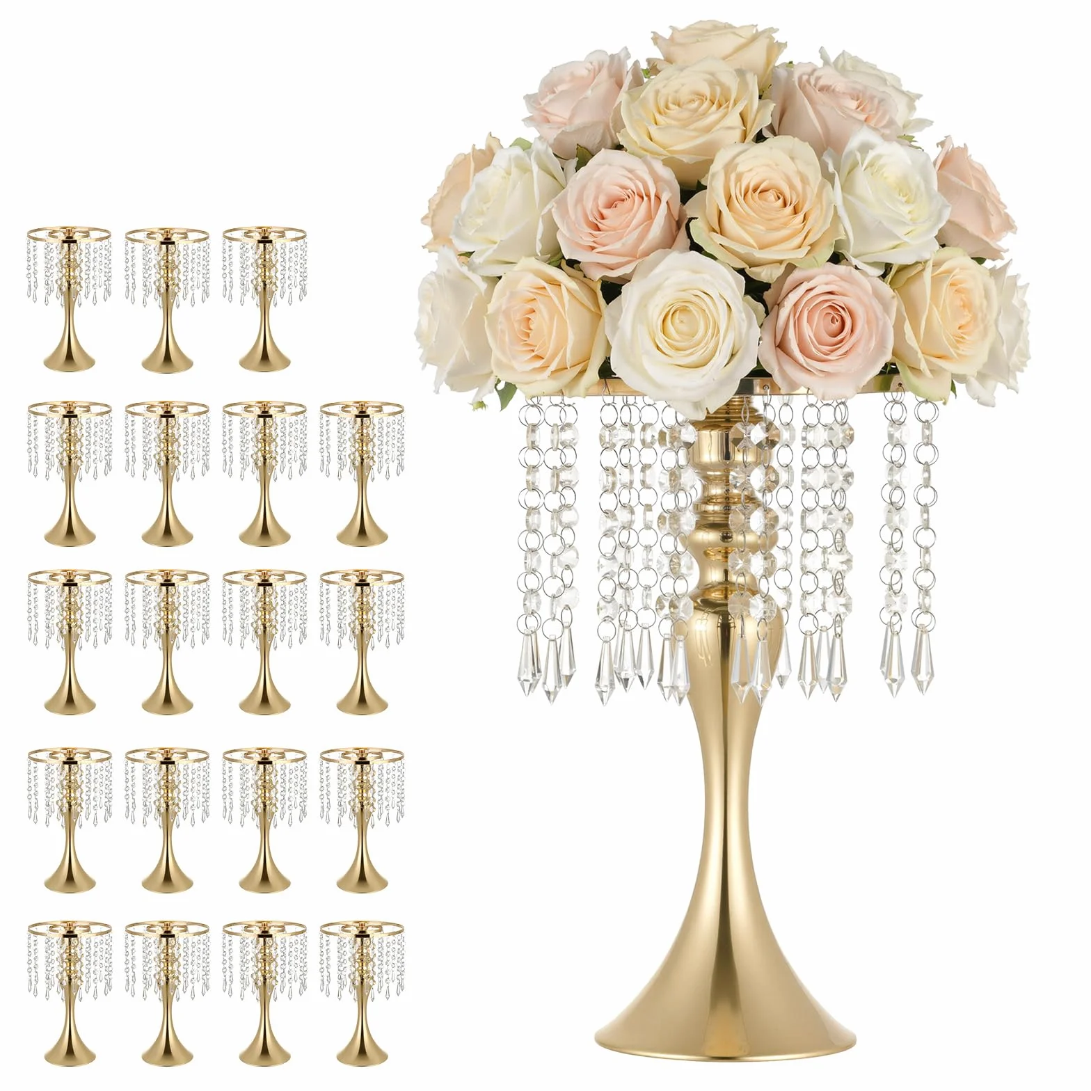 VEVOR Jarrones Decorativos, Paquete de 20 Piezas, Floreros de Metal Dorados con Cadena de Cristal, Altura de 33,5 cm, Centro de Mesa para Boda, Decoración para Banquete Ceremonia Fiesta Recepción
