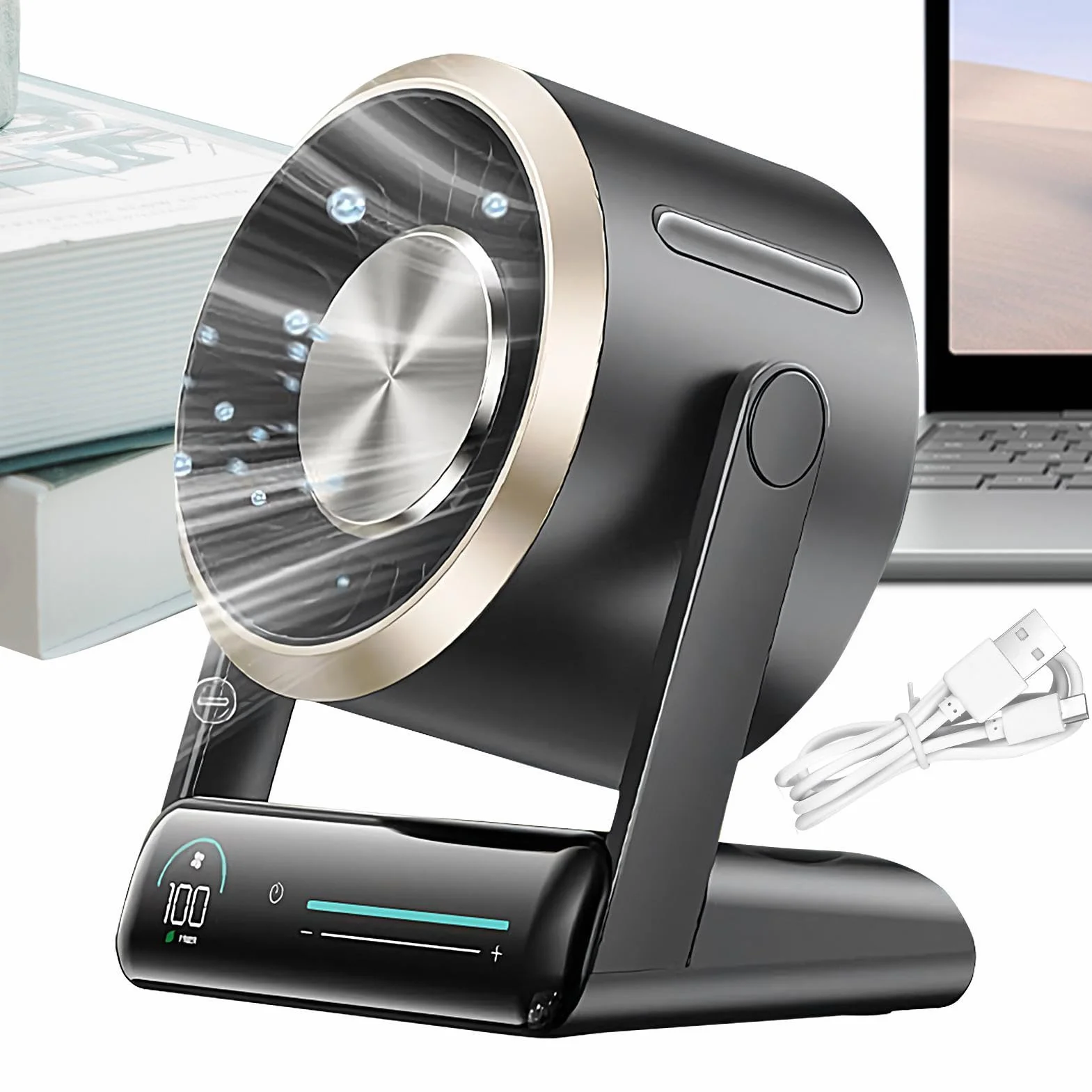 Genérico Ventilador De Mesa Pequeño Pantalla Digital Silencioso Recargable | Ventilador De Escritorio Recargable Para hogar, oficina, escuela, exterior, camping, viajes, playa, verano