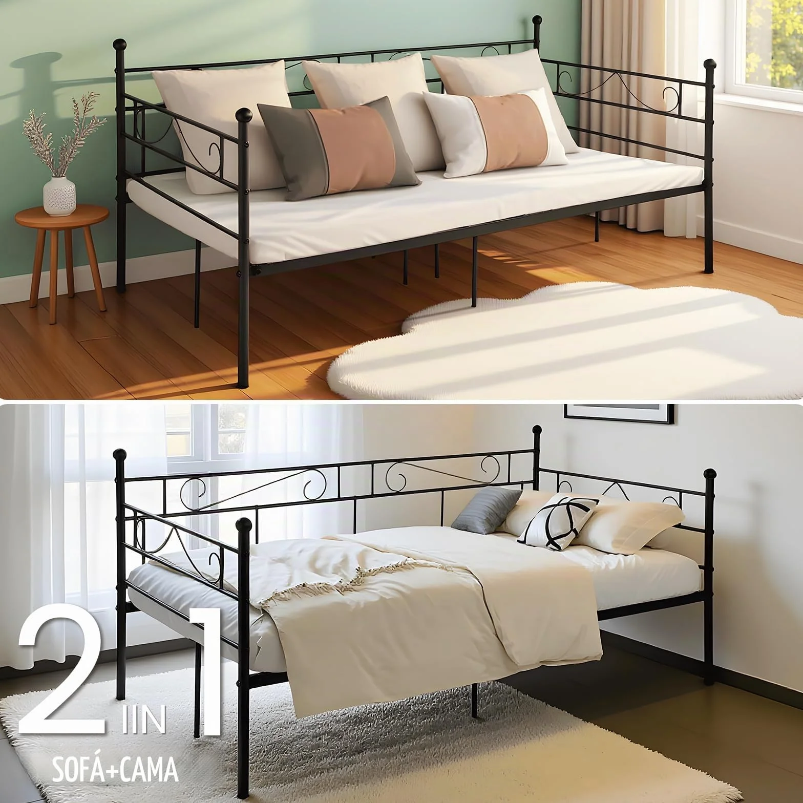 Marcos Diván Cama Individual de Metal, Estructura Sofá Cama Hierro Forjado para Adultos, Adecuado para Colchón de 90x190 cm, Negro