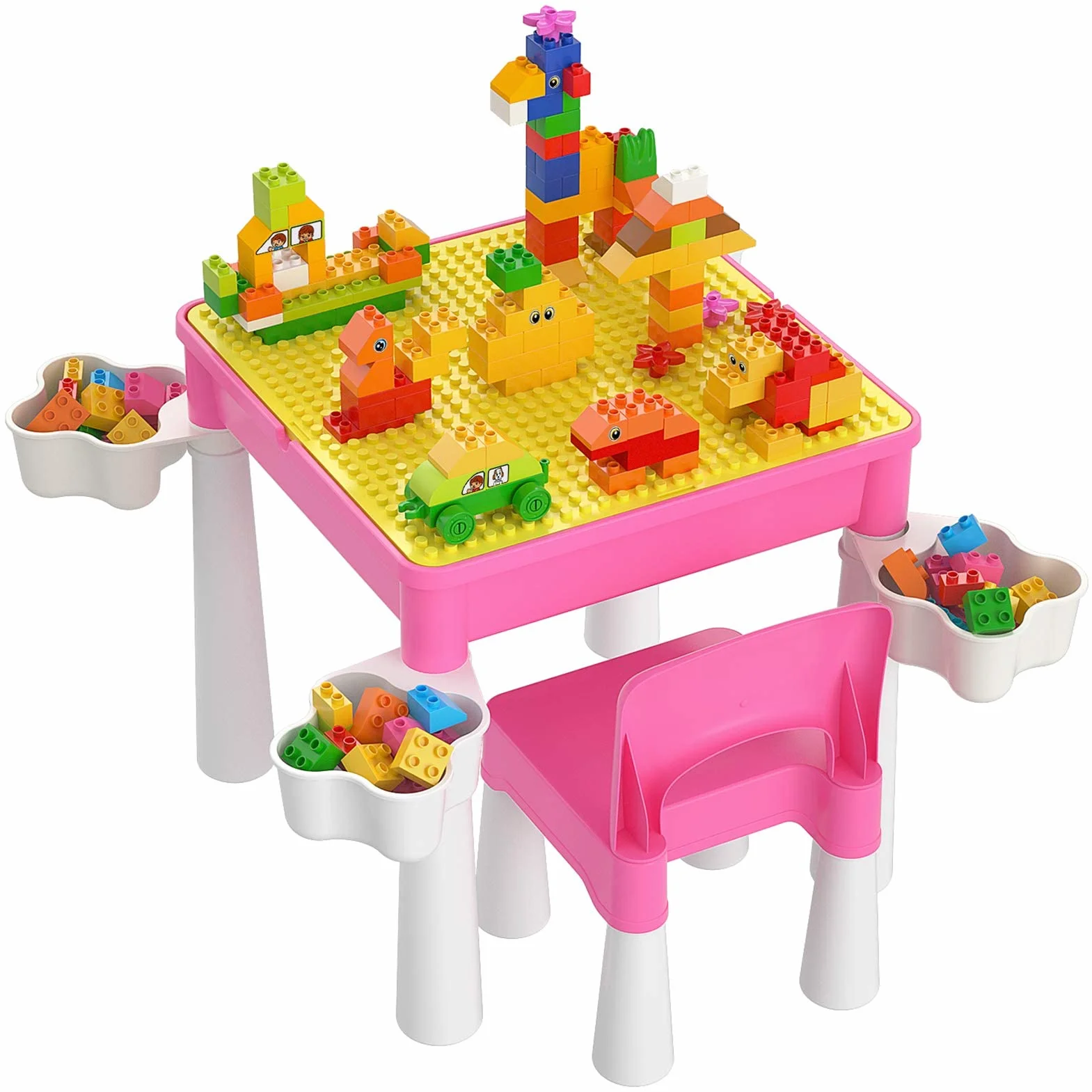 burgkidz Juego de Mesa y Silla Infantil, Mesa de Actividades Construccion y Silla con 128 Piezas Juguetes de Creativos Grandes Clásicos para Niñas, Rosa