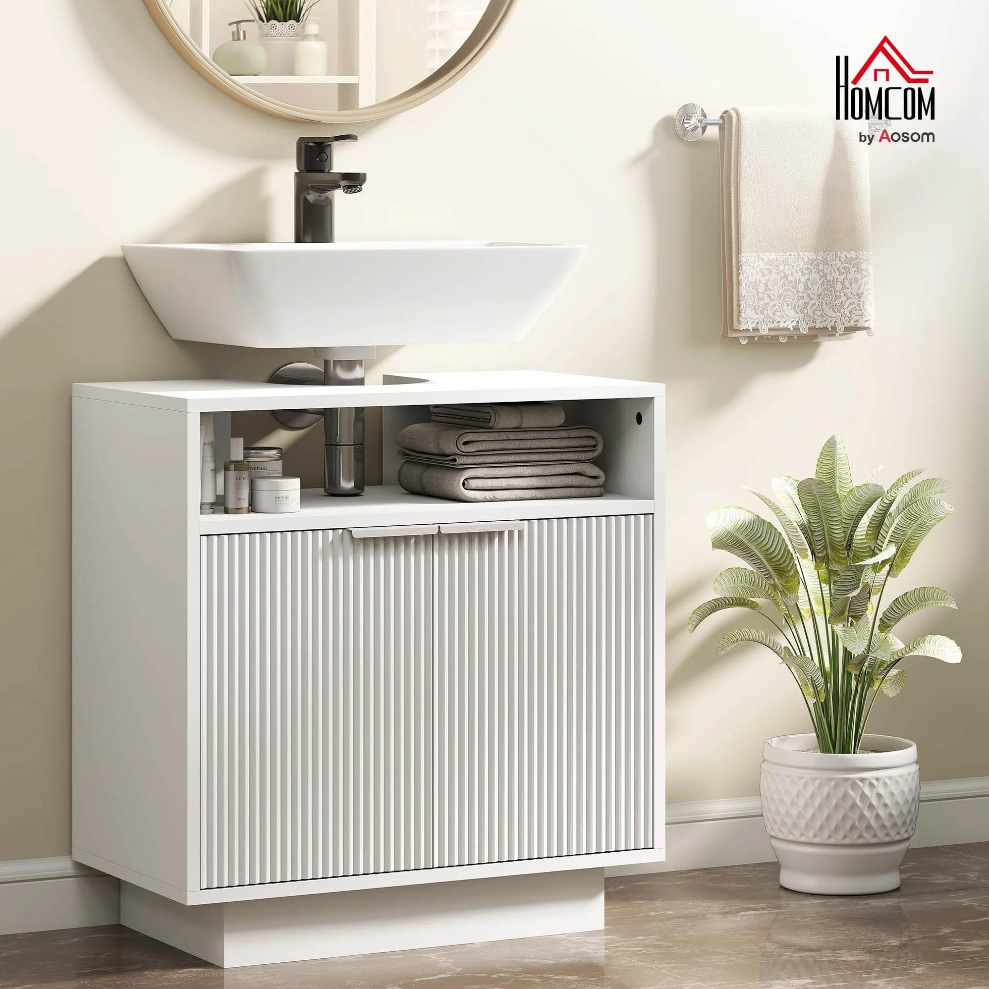 HOMCOM Mueble bajo Lavabo con 2 Puertas Acanaladas 60x33x63 cm Blanco | Mueble de Baño, Compartimento Abierto, Armario de Baño para Lavabo sin Pedestal, Estilo Moderno