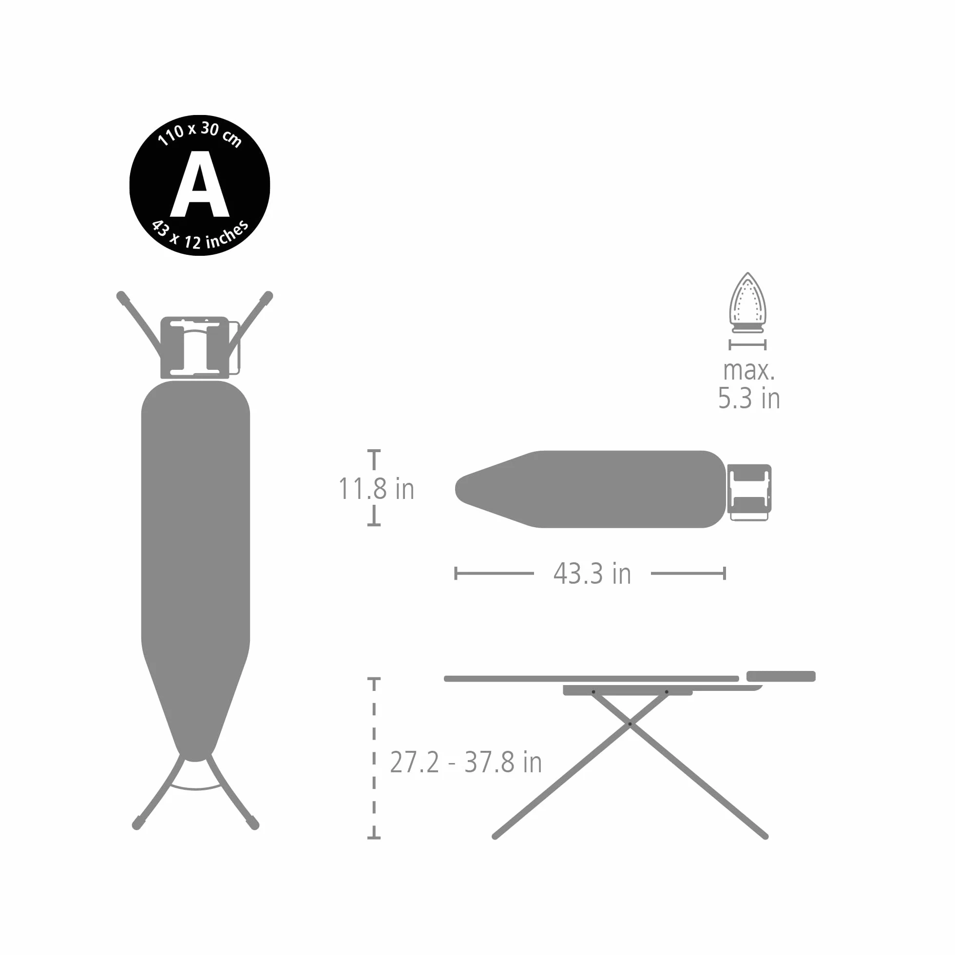 Brabantia - Mesa de Planchar A - para Plancha de Vapor - Universal Ajustable - para Diestros y Zurdos - No se Desliza y No Araña - Plegable - Azul (Denim Blue) - 110x30 cm