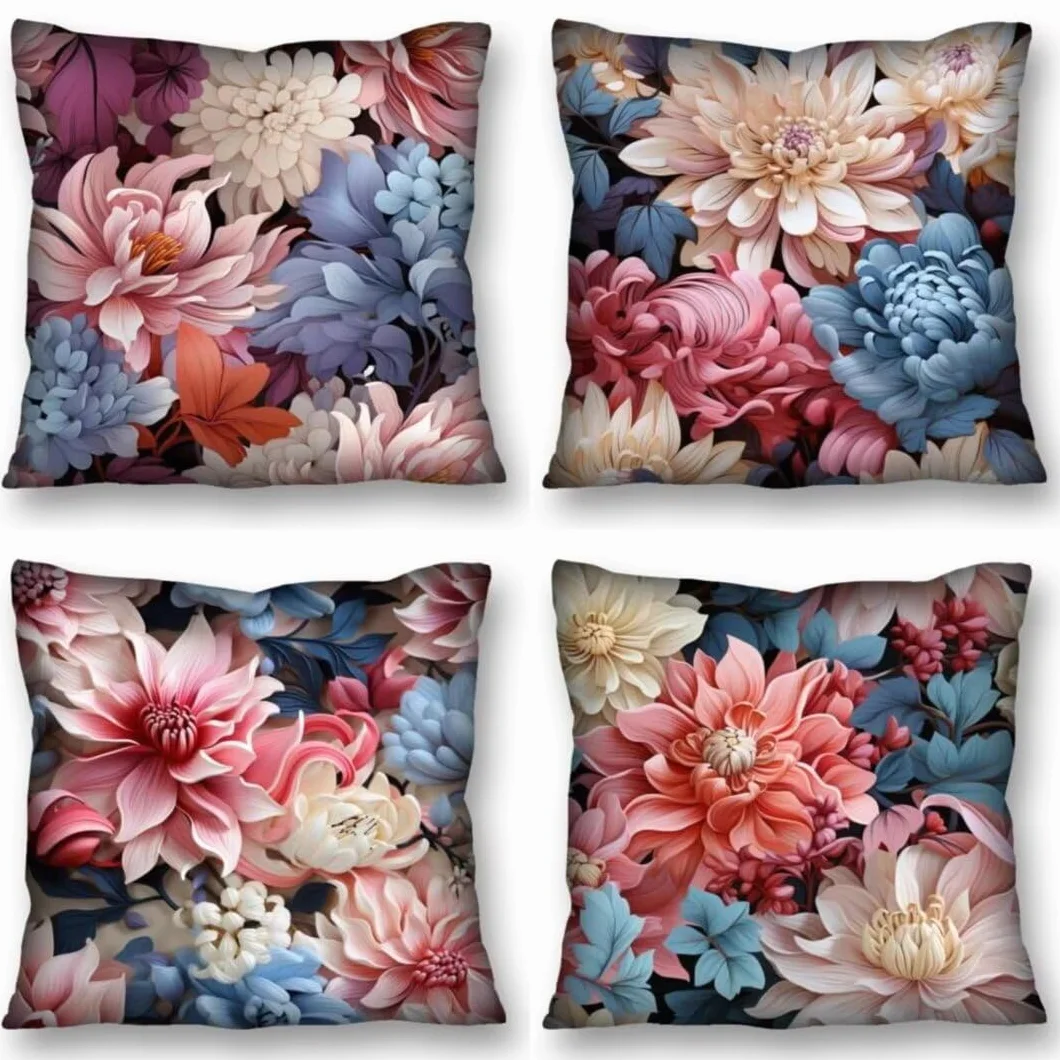 Juego de 4 Fundas de Cojines 70x70 cm Cojines floración flor Funda Cojin Cuadrados de Lino Fundas Cojines Sofá Cojines Decorativos para Salón Sofá Dormitorio Coche Jardín Silla Decoración del Hogar