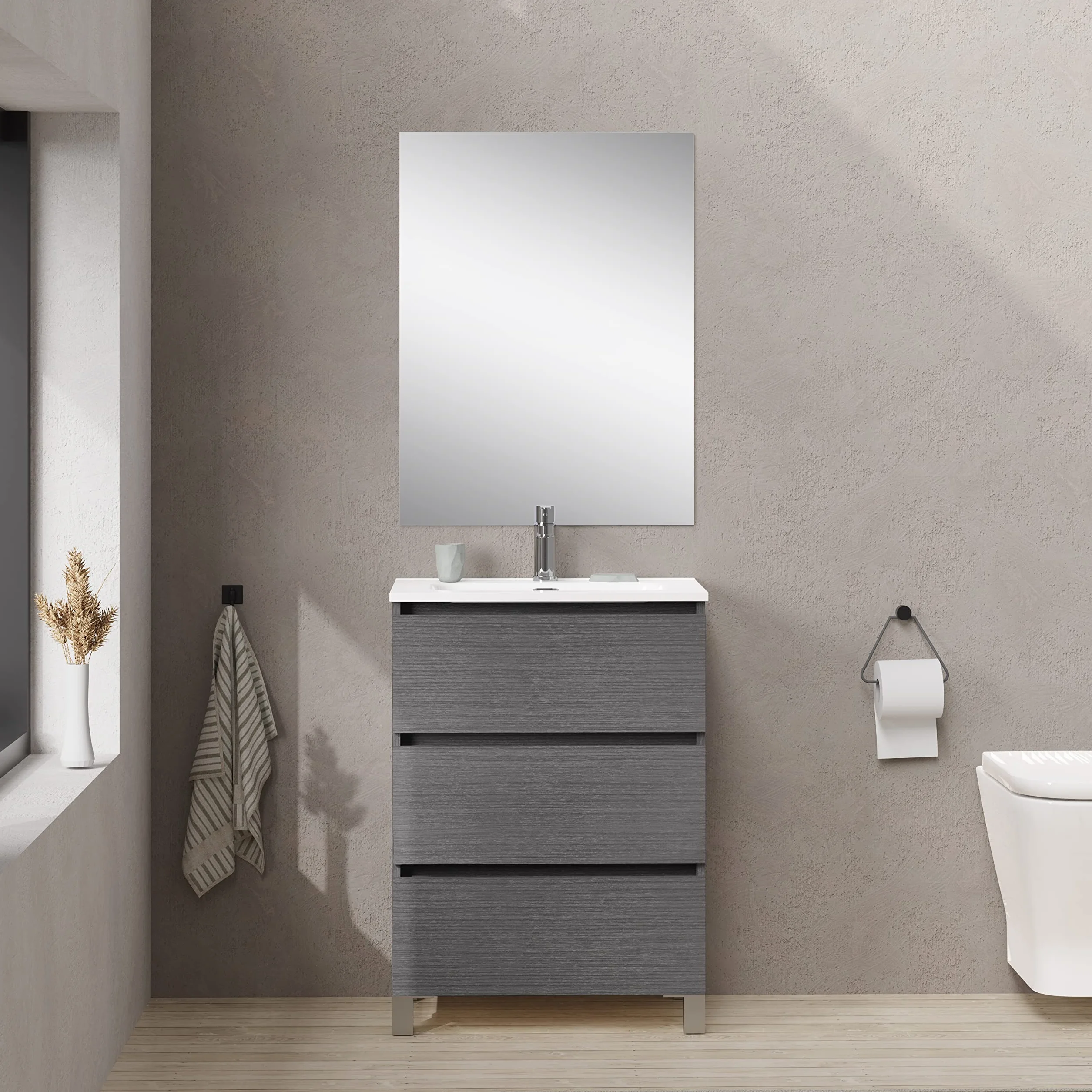 Baikal Mueble de Baño suspendido 50cm Ceniza con Lavabo y Espejo 3 Cajones