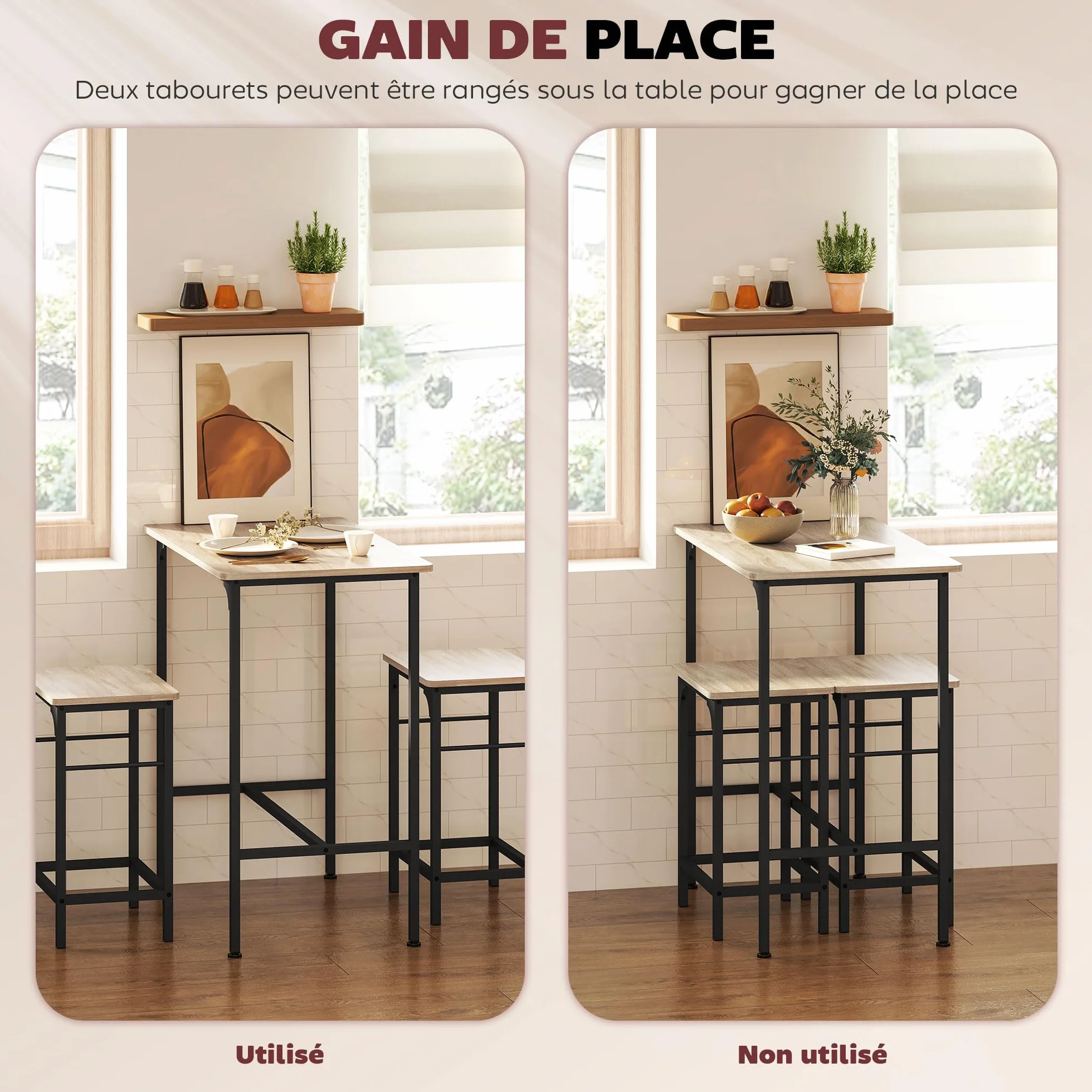 HOMCOM Conjunto de Mesa de Bar con 2 Taburetes, Marco de Acero, Efecto Madera Natural para Cocina y Comedor