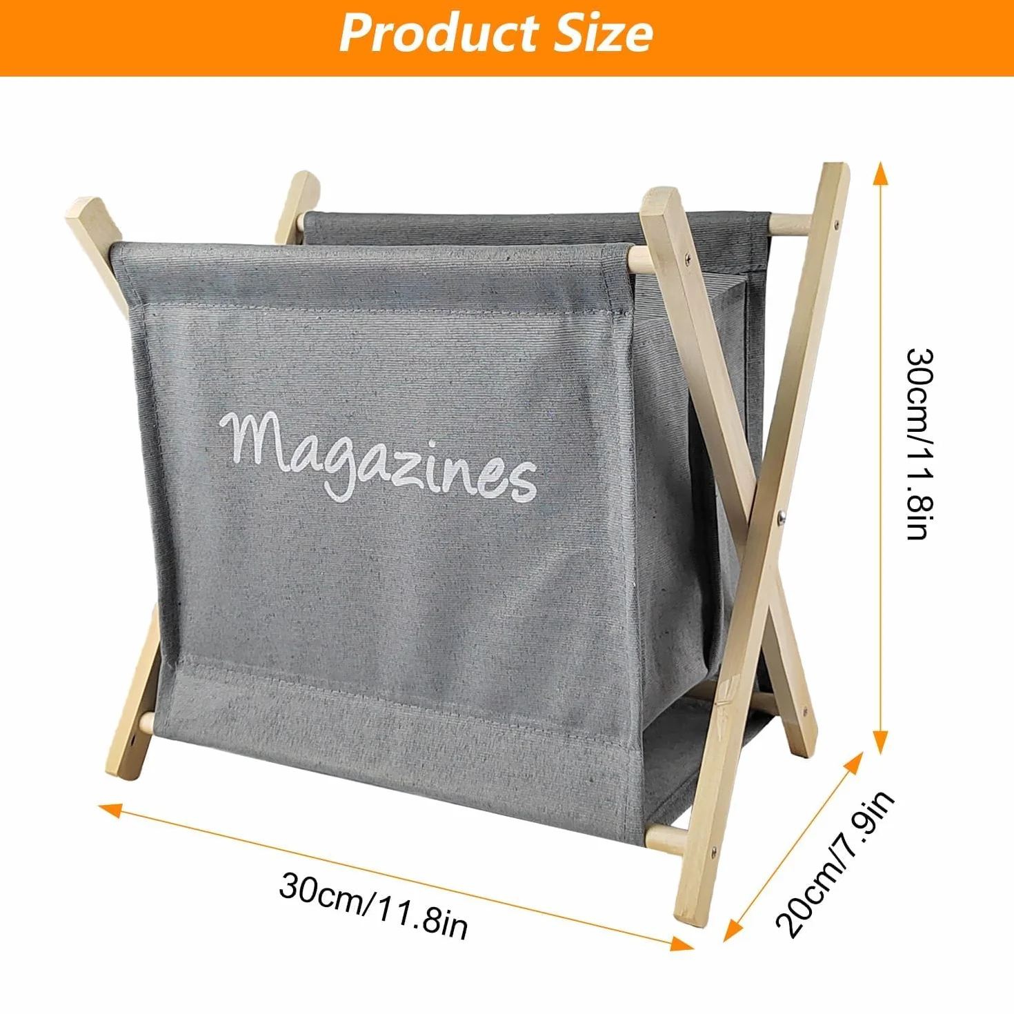 Revistero de Madera Plegable con Tela 30x20x30 cm Gris para Guardar Libros y Periódicos