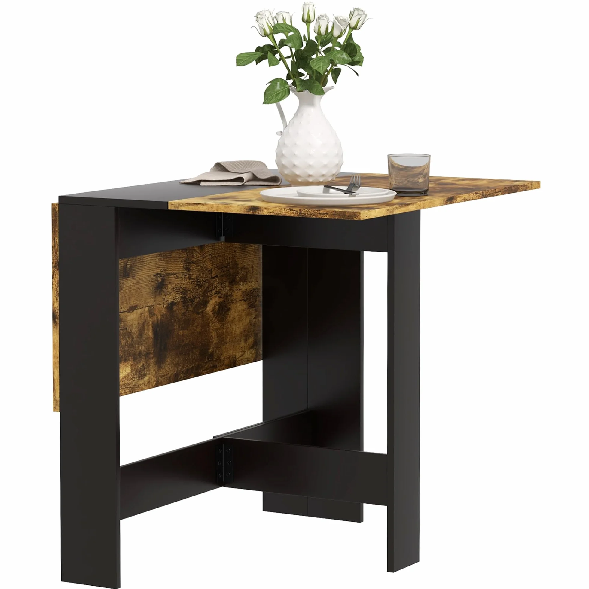 HOMCOM Mesa Plegable de Comedor Alas Abatibles Negro y Marrón Rústico | Mesa de Cocina Plegable, con Alas Abatibles, para Salón, Espacio Pequeño, 103x76x73,5cm