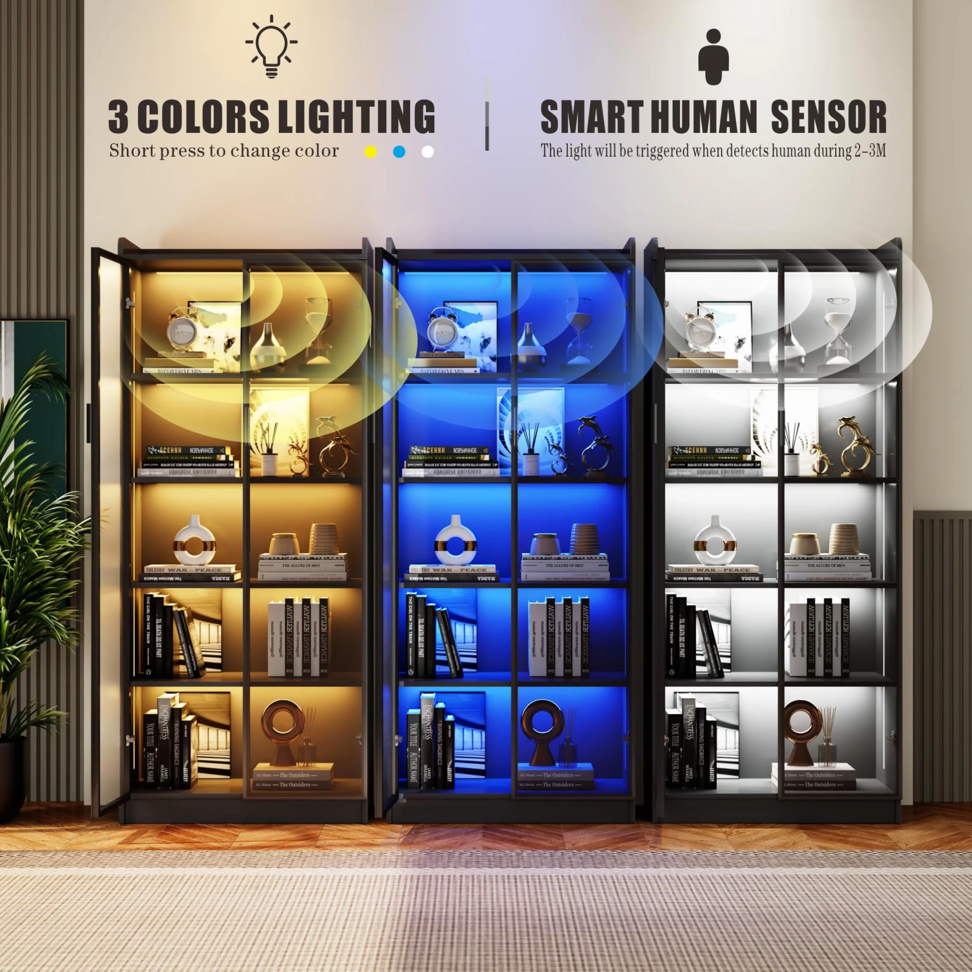 FREDEES Vitrina con iluminación LED, 5 pisos, vitrina de coleccionista con sensor inteligente, vitrina acrílica con estantes ajustables para salón o oficina, color negro