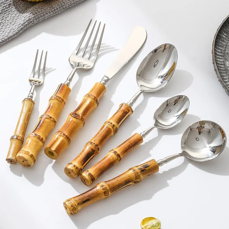 Este Juego de Cubiertos Silverware, 6/24/36/48/60/72 Piezas, de bambú Natural, Acero Inoxidable 304, Incluye Cuchillo para Carne, Tenedor, Cuchara, Cuchara Redonda, Tenedor de Postre y vajil