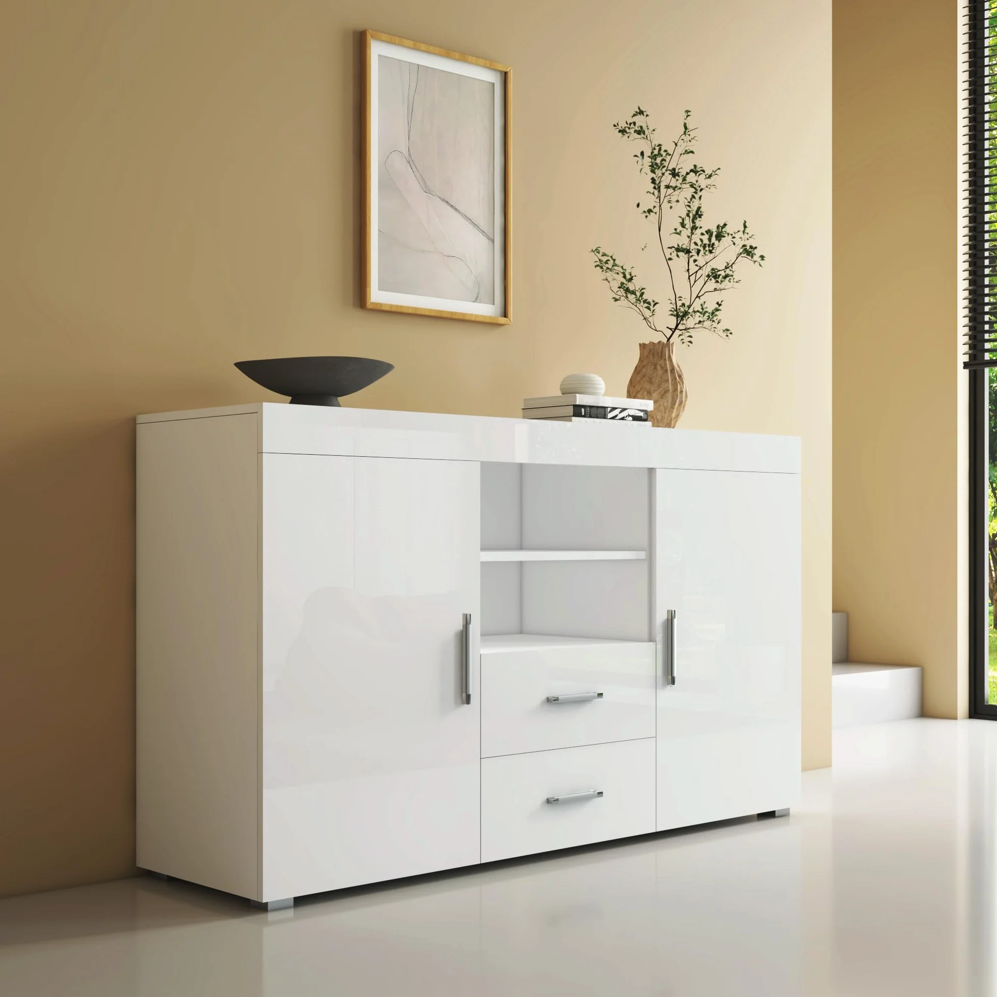 MB Muebles Bonitos Aparador Roque Mueble Auxiliar Moderno 140x82x40 cm Melamina Brillo Blanco