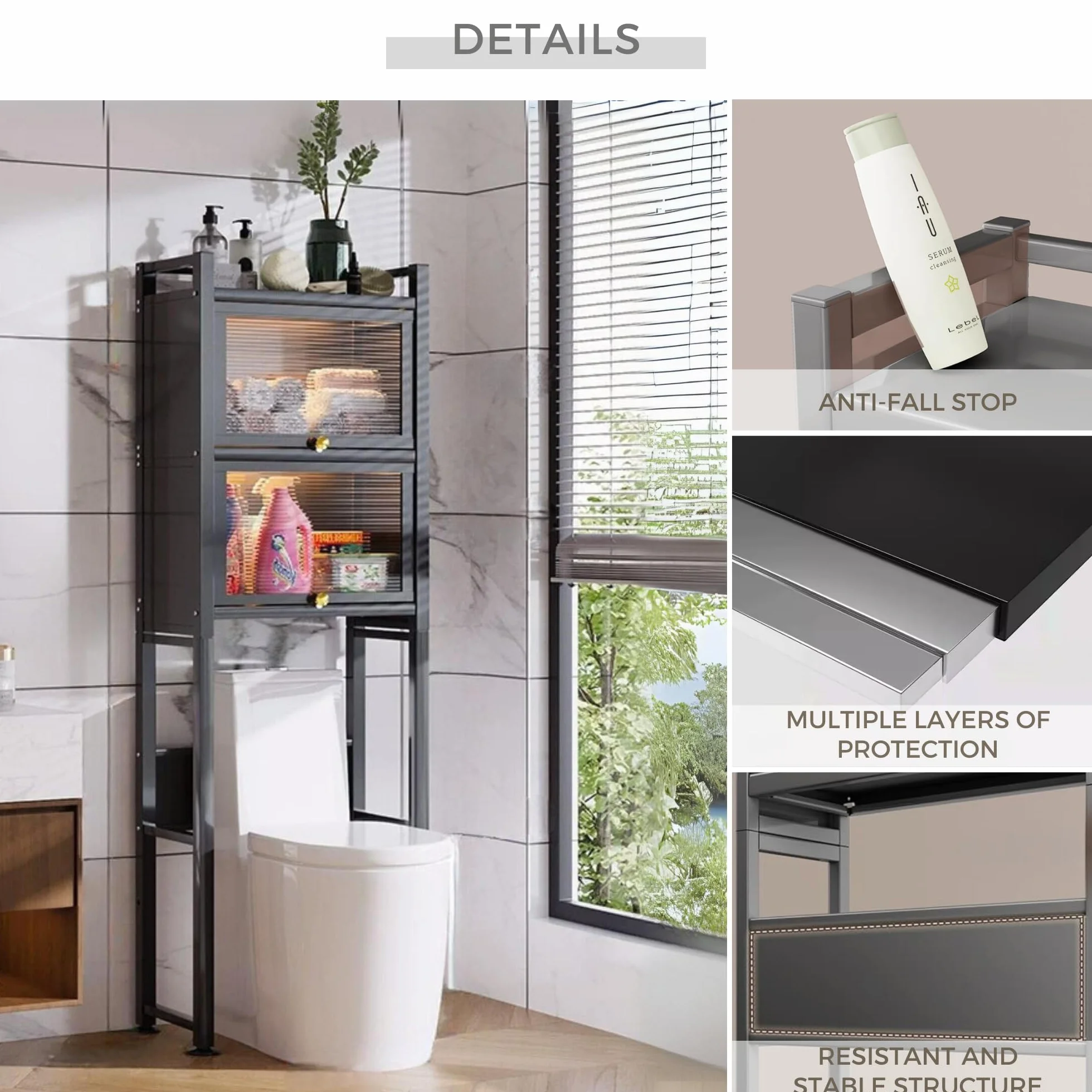 MAGIC SELECT Estantería sobre Inodoro con Puertas Abatibles | Estante de WC Organizador Multiusos | Estantería de Almacenamiento de Baño | Ahorra Espacio con 3 Niveles | Patas Ajustables en Altura.