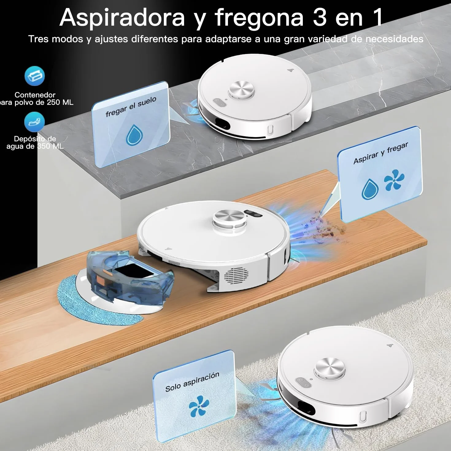 Robot Aspirador y fregasuelos hasta 8000Pa Navegación LiDAR y Mapeo | Potente succión Autovaciado Autonomía de 220 Minutos, Anticolisión, Limpieza Personalizada Control por Voz y App-Blanco