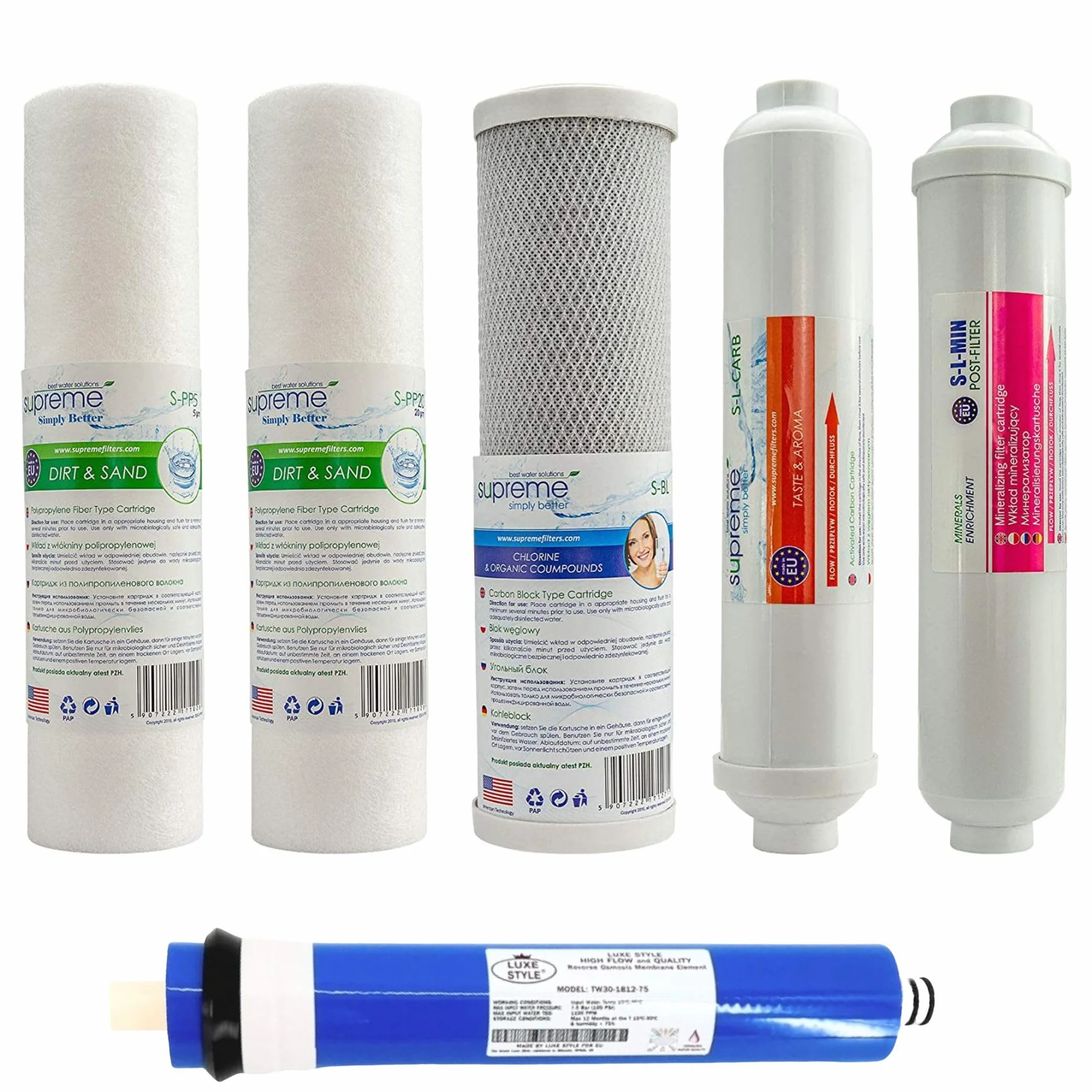 Juego de filtros de repuesto con membrana. Adecuado para el sistema de ósmosis inversa de 6 etapas Purana Tura RO6. Filtro de agua potable, filtro de ósmosis inversa, equipo de filtro de membrana.