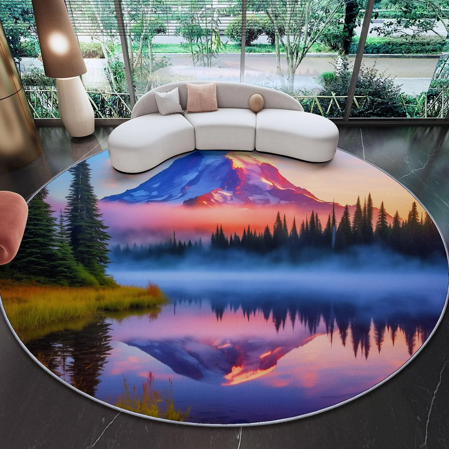 Genérico Alfombra Redonda para Comedor Montañas Naturales Lagos Motivo Alfombra Antideslizante Suave y esponjosa para Sala de Estar, Dormitorio, habitación Infantil, 150 cm, Azul