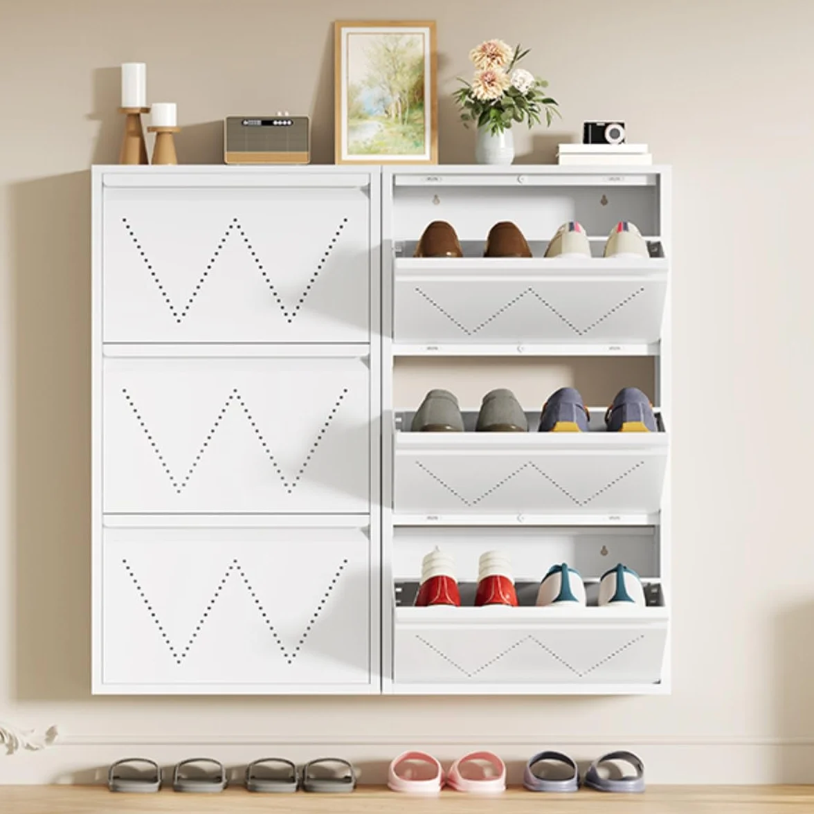 TAUS Zapatero Estrecho, Armario de Almacenamiento de Zapatos de Metal Que Ahorra Espacio con 3 cajones abatibles, Zapatero Delgado montado en la Pared para pasillos y Sala de Estar, Color Blanco (2)