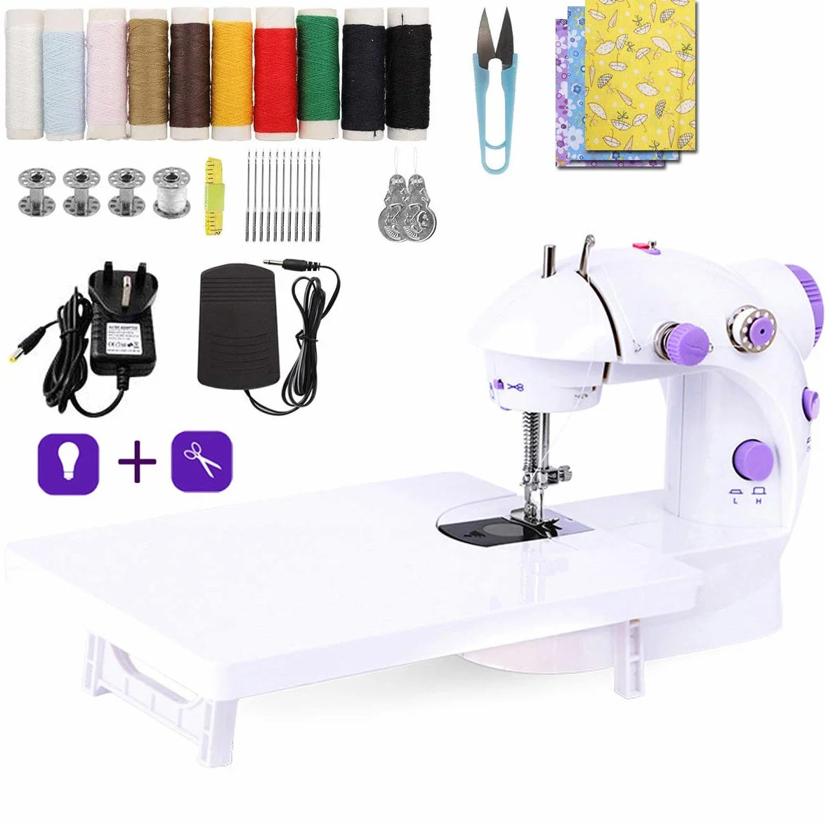 Mini máquina de coser con mesa extensible y accesorios para máquina de coser Tela de algodón Dos hilos Doble velocidad Interruptores dobles Hogar Niños Principiantes Máquina de coser de viaje