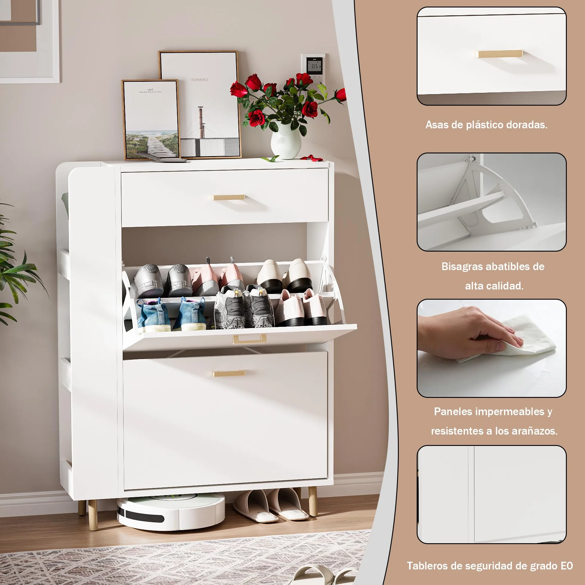 Zapatero 2 Puertas Estrecho Mueble Zapatero con 1 cajón y 3 Compartimentos de Almacenamiento con 4 Patas de Madera Maciza para Sala de Estar, Pasillo de Entrada, 80x24x110cm Blanco