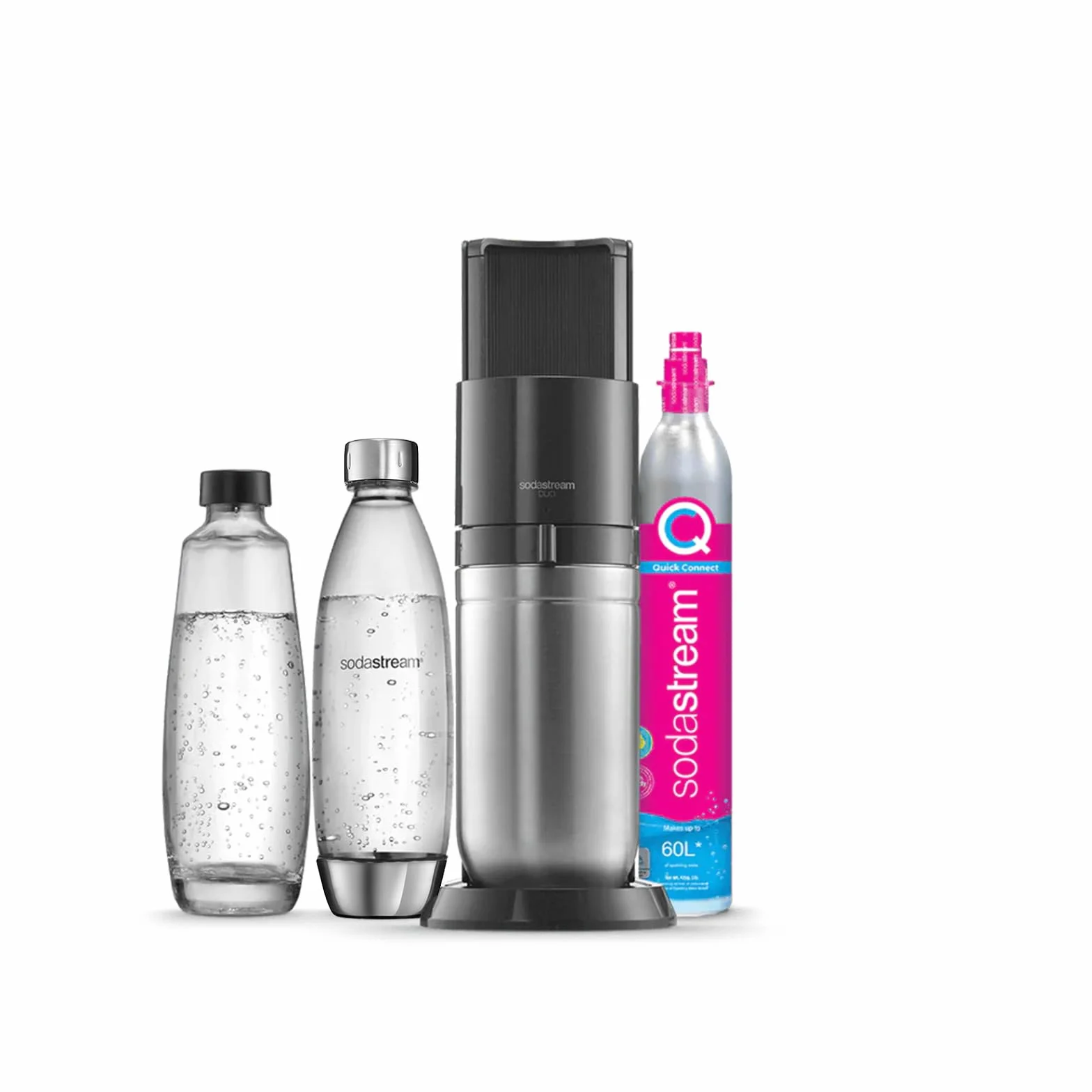 Sodastream Duo - Máquina de agua con gas y soda para jarra de cristal | Pack 1 jarra de cristal 1L + 1 botella 1L acabado acero inoxidable lavavajillas + 1 recarga de gas de 60 L para Clipser, color