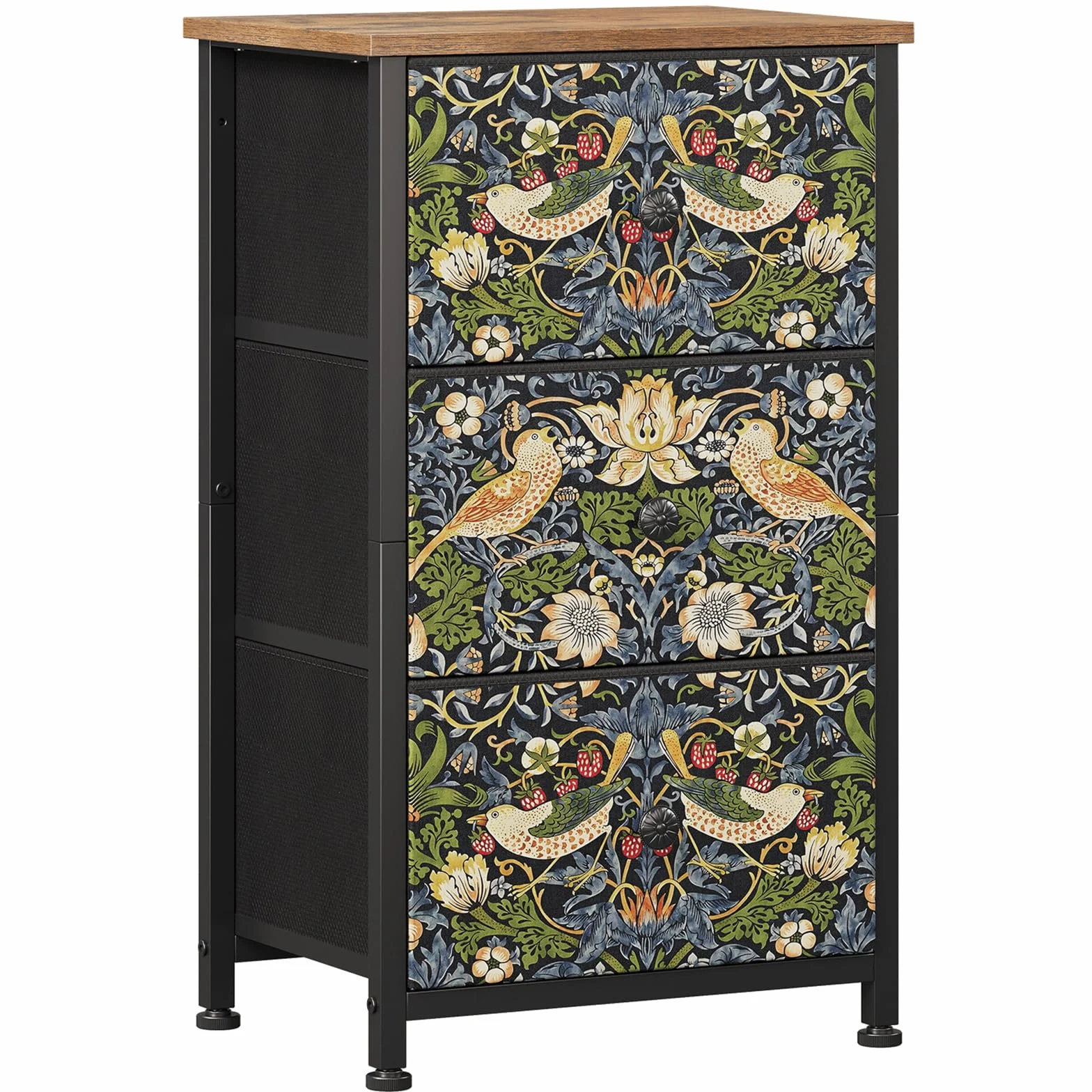 Cómoda con cajones de tela, cómoda de tela con 3 cajones de tela, armario de almacenamiento para dormitorio, sala de estar y pasillo, patrón decorativo de fresas y pájaros, estructura de