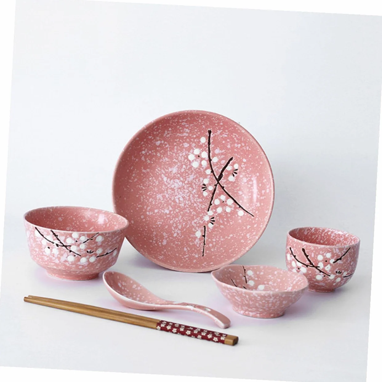 Vajilla Japonesa Rosa Elegante y Práctico para Servir Arroz Postres y Ensaladas Incluye Cuencos Platos Cucharas Palillos y Tazas para Uso Diario y Regalo de Inauguración de Casa