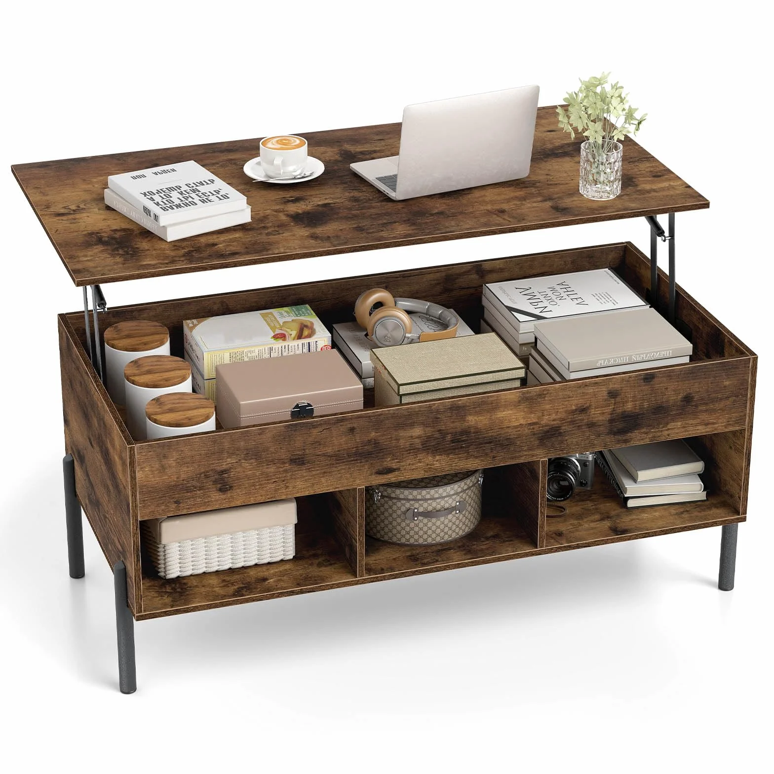 COSTWAY Mesa de Centro Elevable, Mesa Central de Café con Tablero Elevable, Amplio Compartimento Oculto y 3 Espacios Abiertos, Mesita de Cóctel con Patas de Metal (Café)