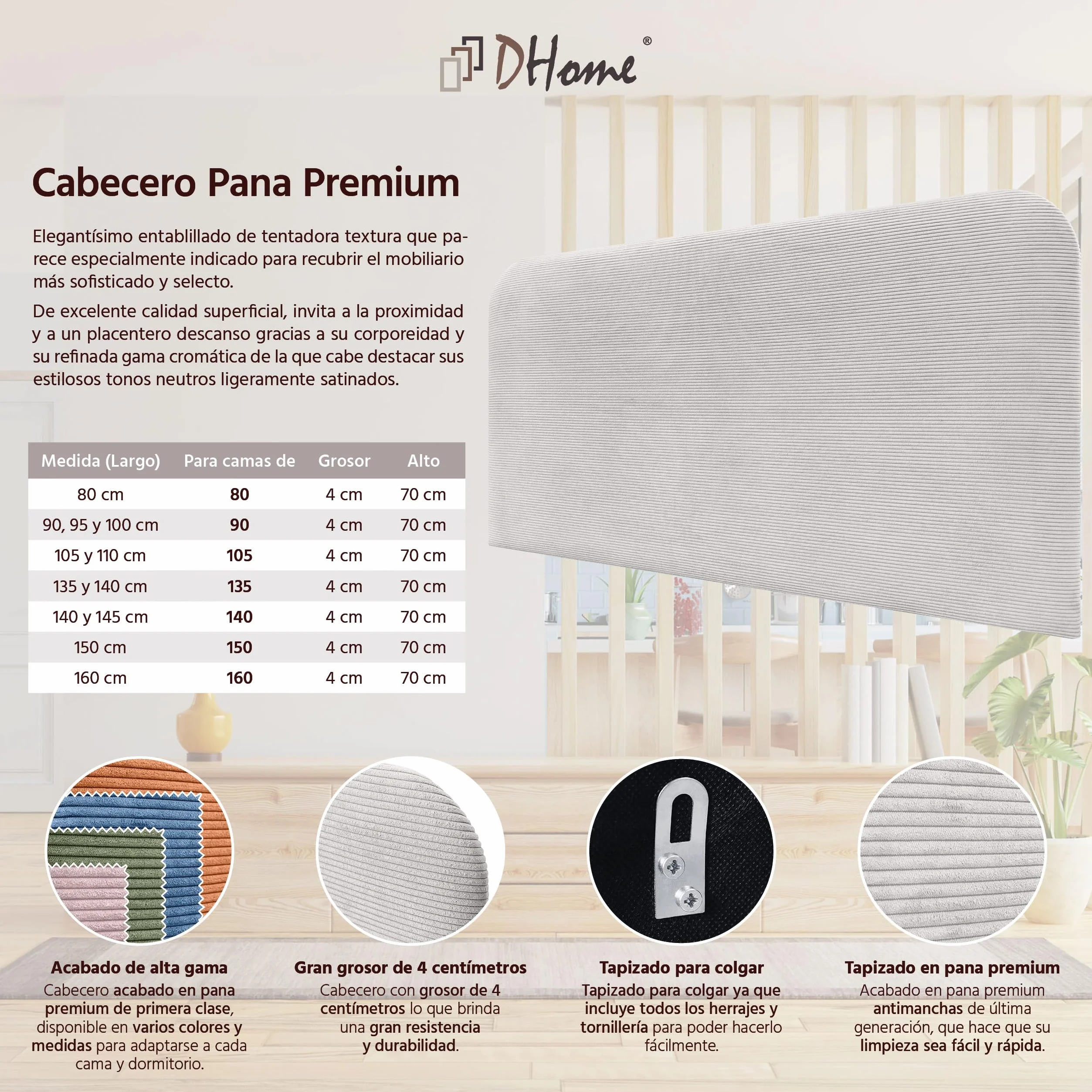 DHOME Cabecero Tapizado Liso Curvo Pana Premium 70cm Altura para Pared Acústicos Cabeceros Absorbentes Cabezal Cama Dormitorio (Blanco Hueso, 145cm)