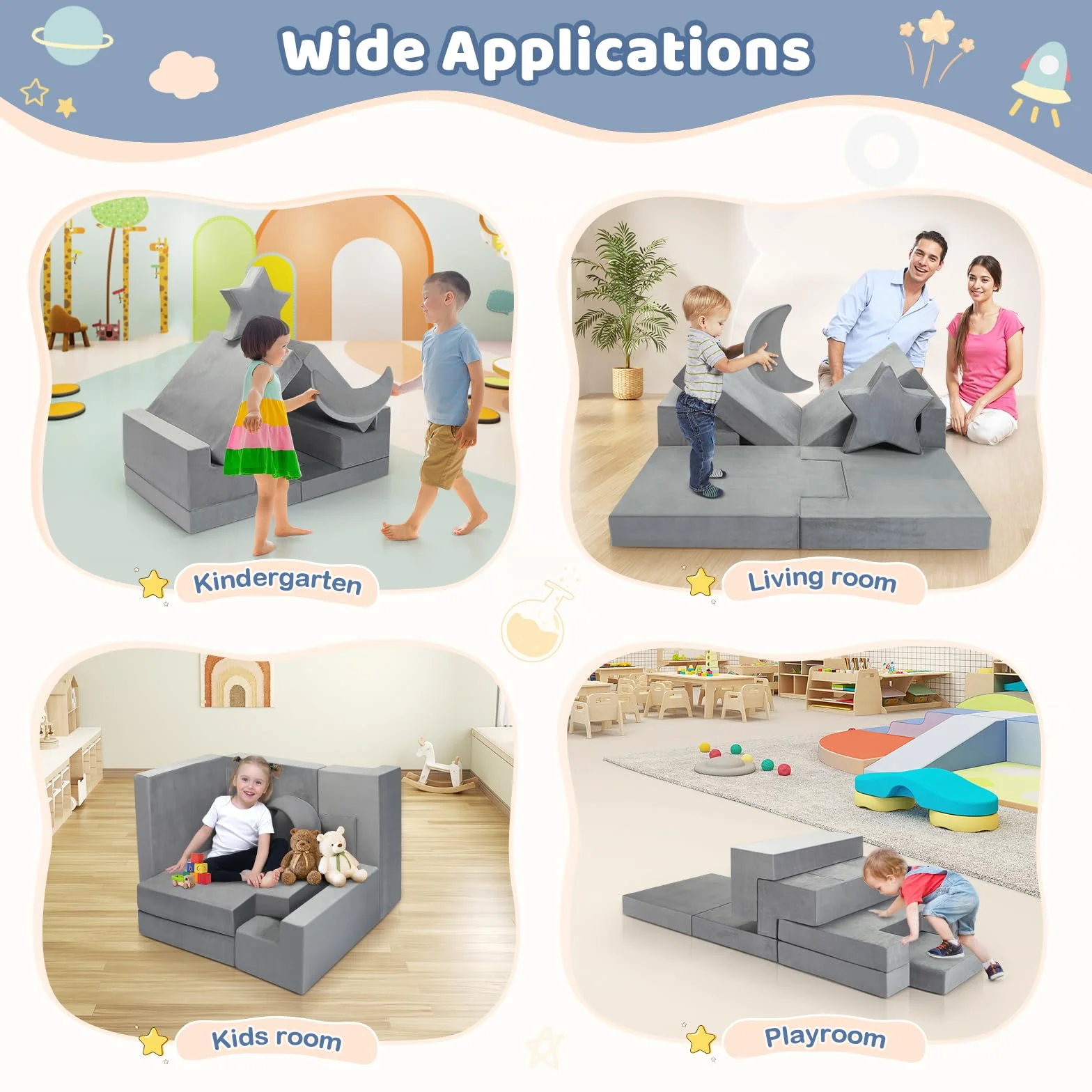 Sofá Infantil, Sofá Modular de Juego 9 Piezas para Niños, Sofá Combinable DIY con Cojines Luna y Estrella, Transformable en Sofá y Castillo de Juegos, Regalo Ideal para Niños (Gris)