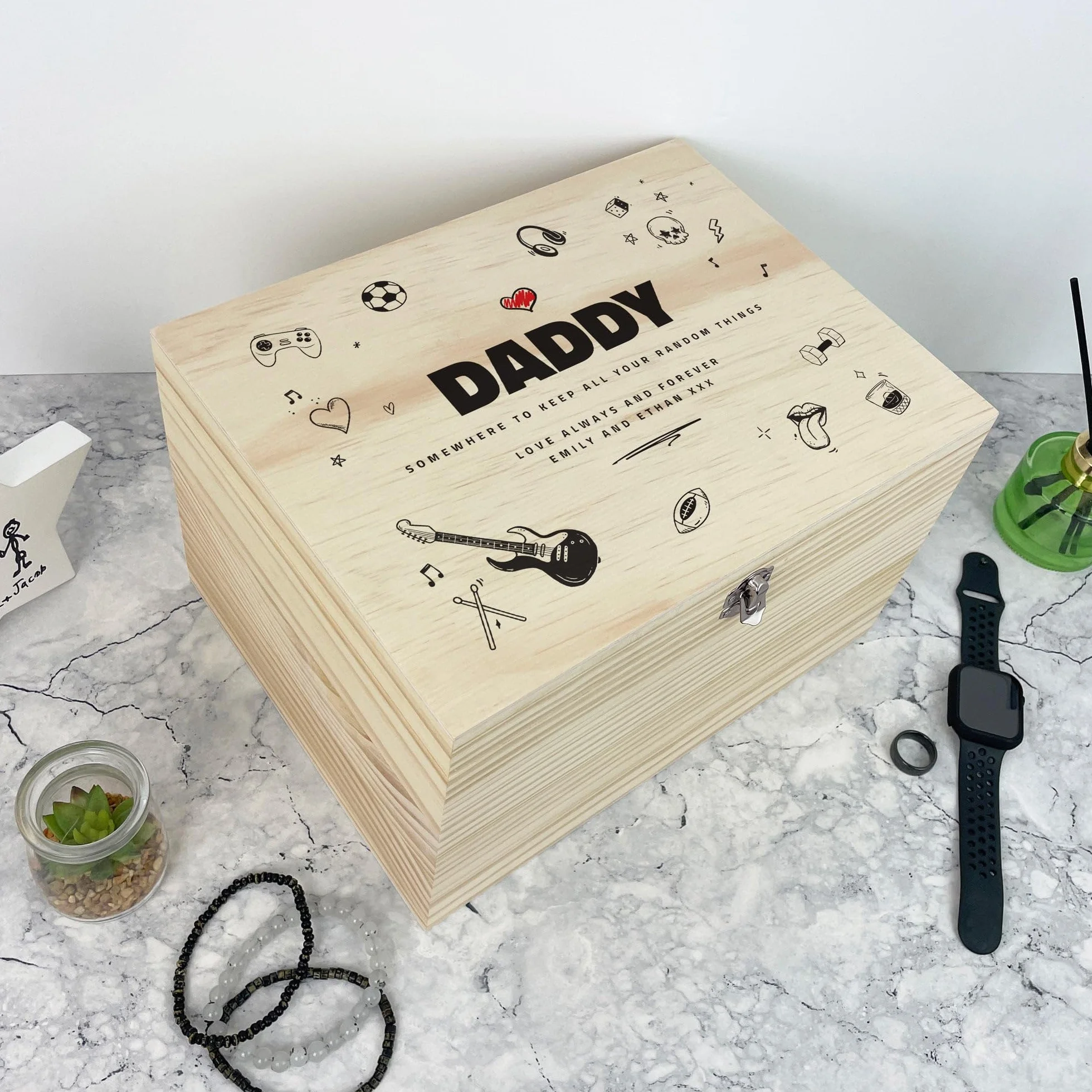 Caja de recuerdos personalizada de madera de pino con diseño de garabatos del día del padre, regalo del día del padre, caja de recuerdo de madera personalizada, añade tu propio texto, bisagras y